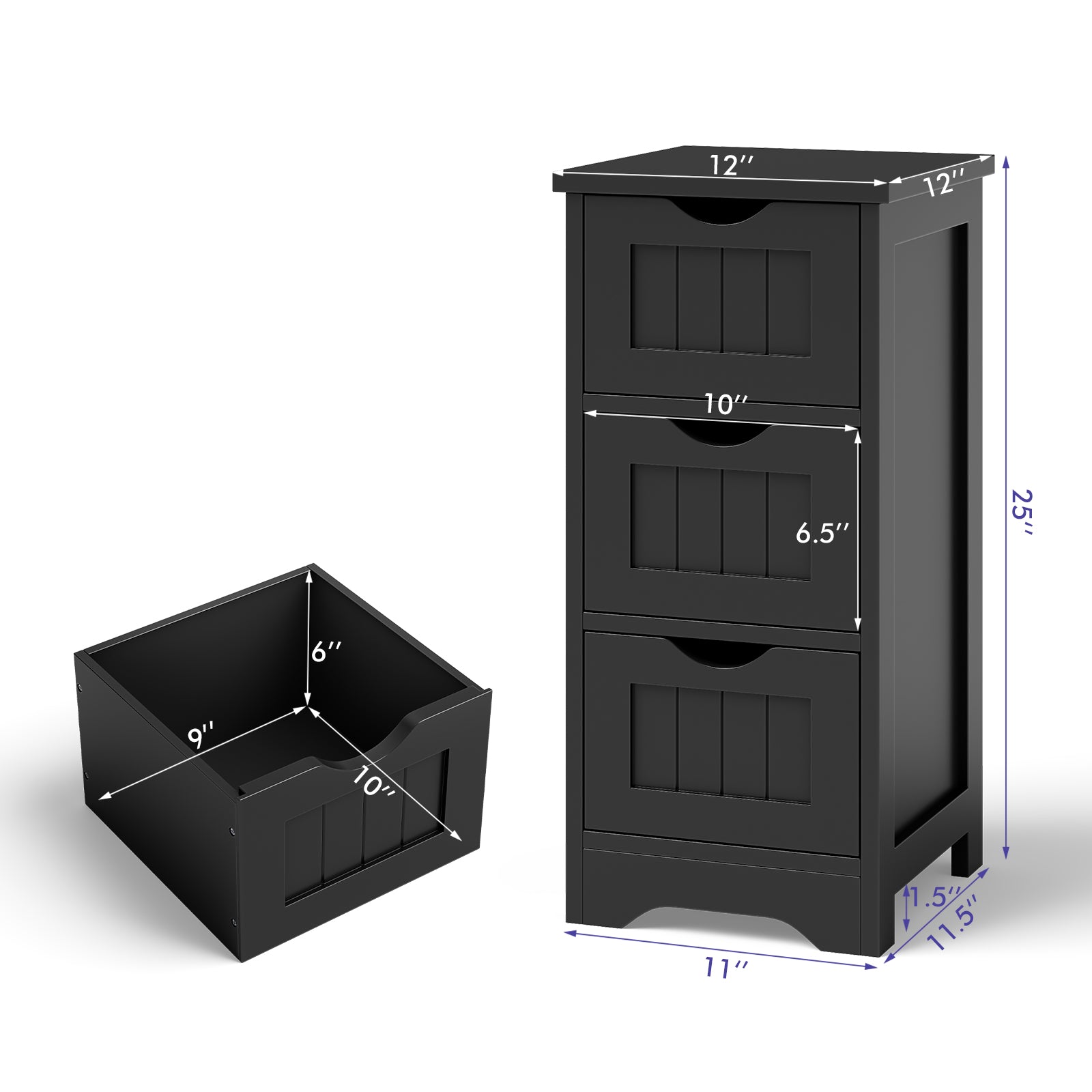 Wooden Bathroom Storage Cabinet, 3-Tier, Black Floor Cabinets at Gallery Canada