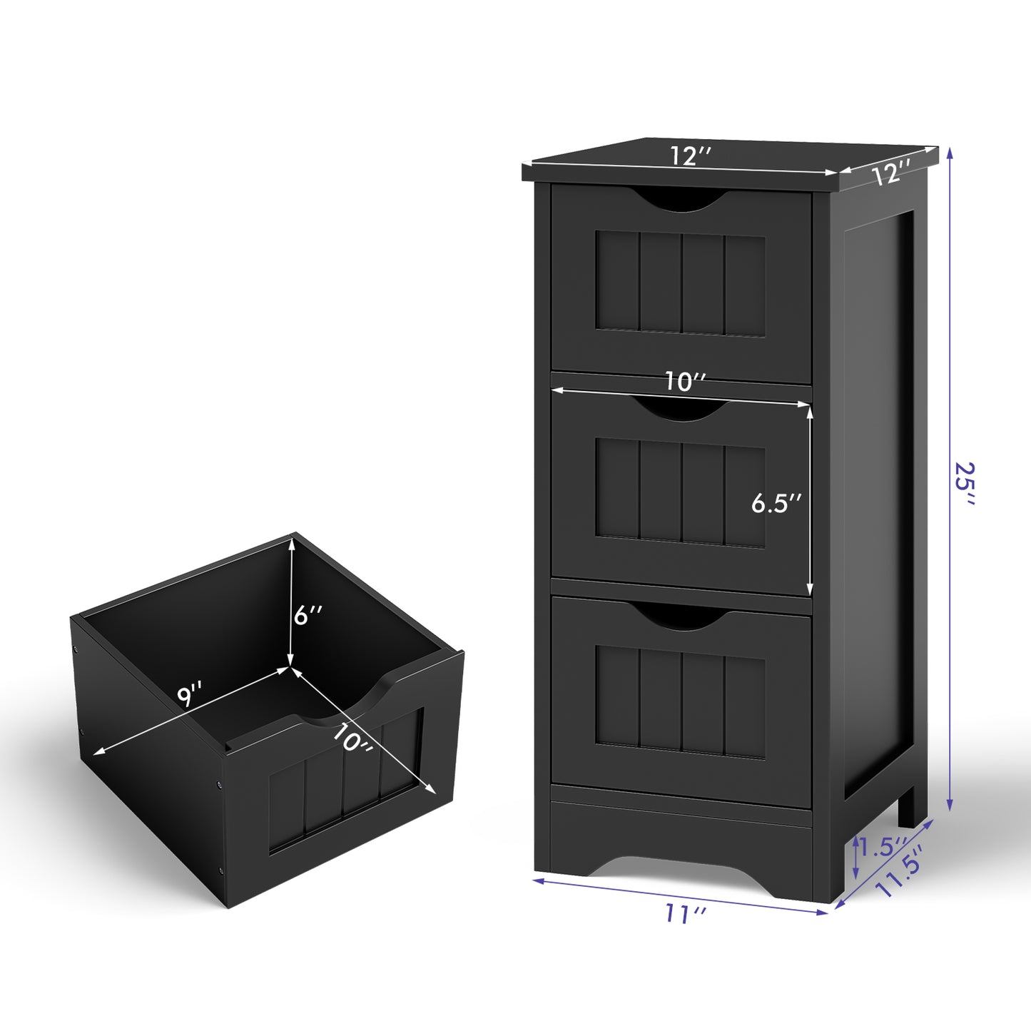 Wooden Bathroom Storage Cabinet, 3-Tier, Black Floor Cabinets at Gallery Canada