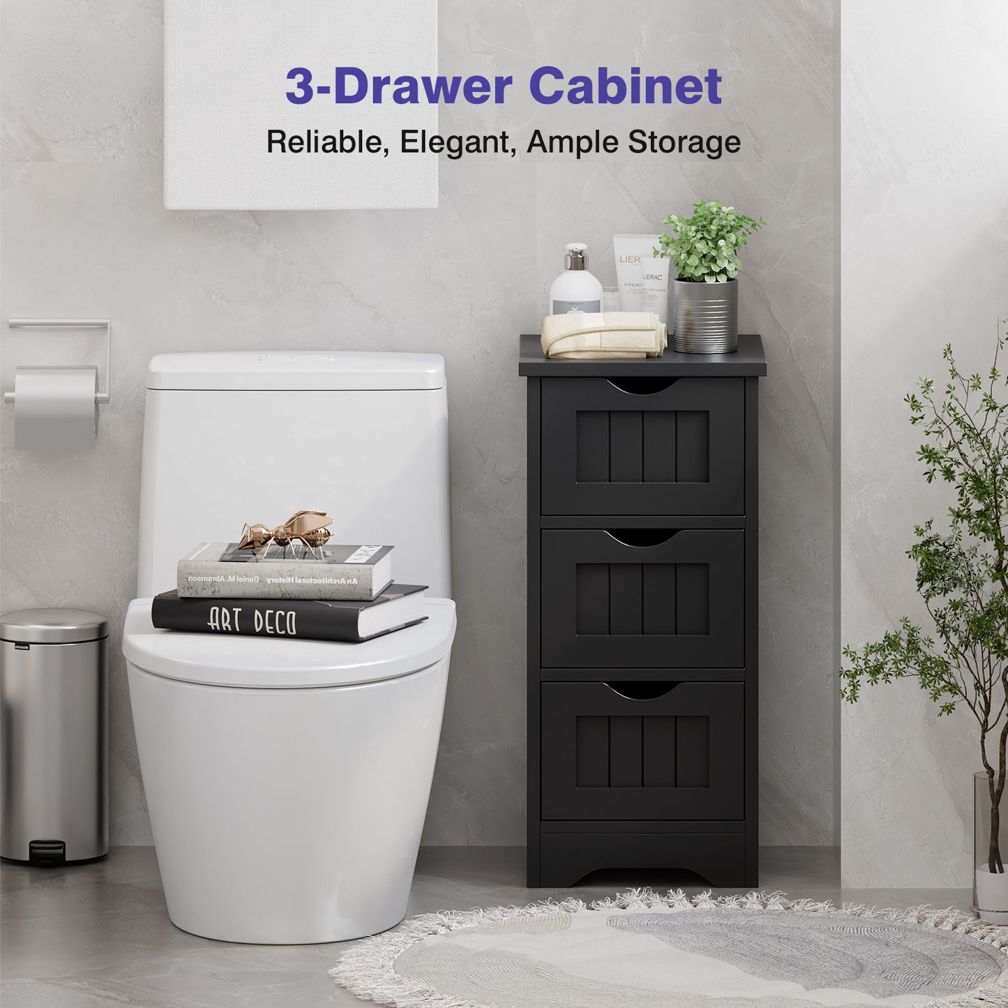 Wooden Bathroom Storage Cabinet, 3-Tier, Black Floor Cabinets at Gallery Canada