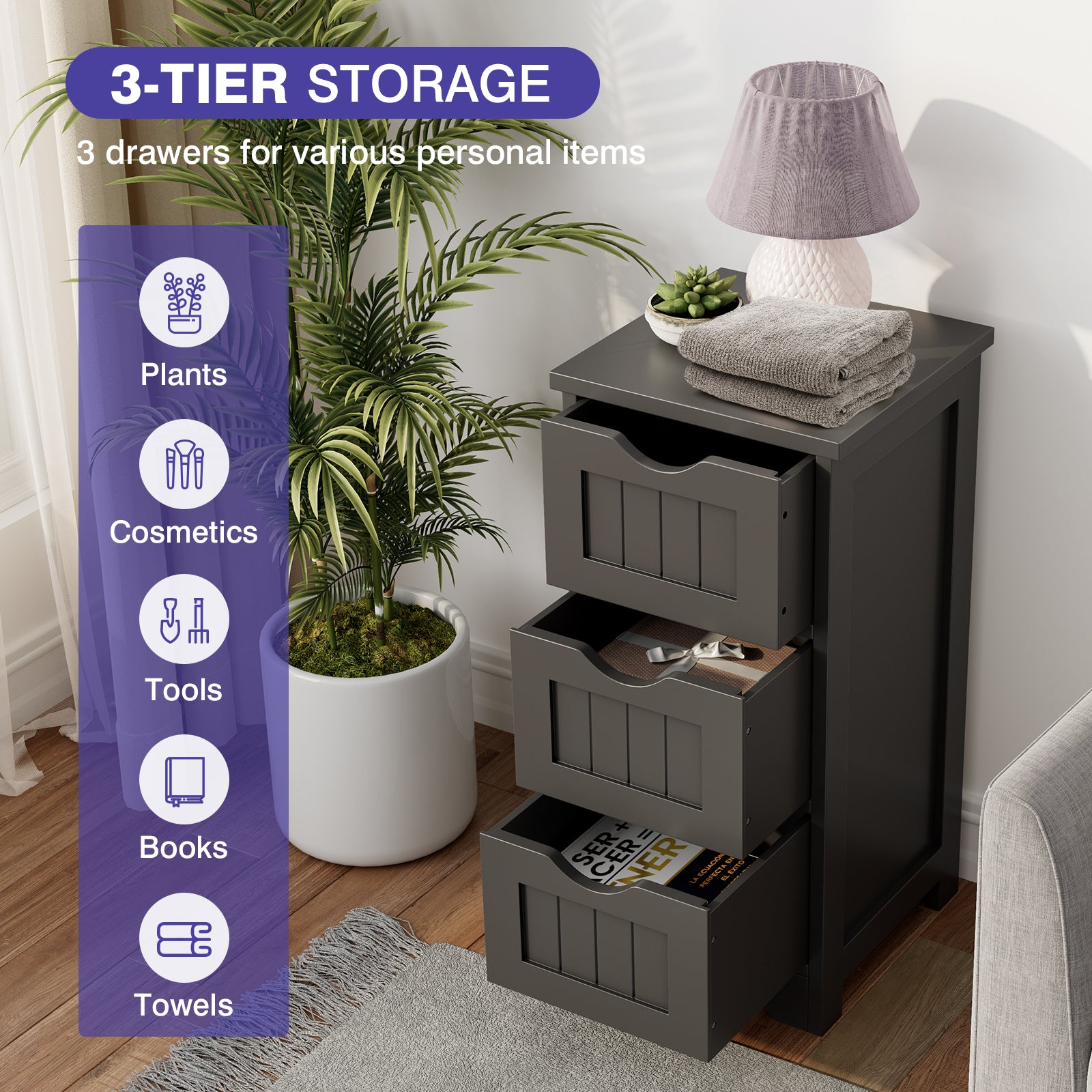 Wooden Bathroom Storage Cabinet, 3-Tier, Black Floor Cabinets at Gallery Canada