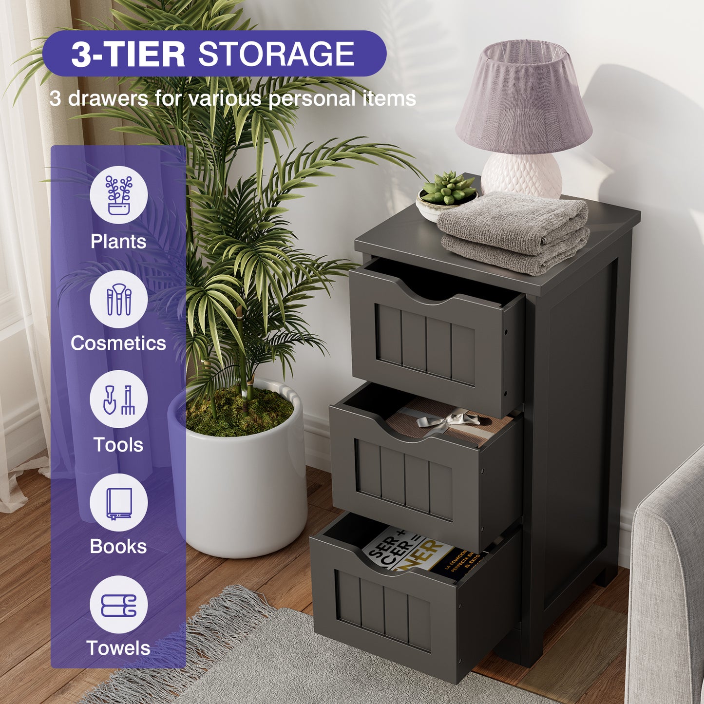 Wooden Bathroom Storage Cabinet, 3-Tier, Black Floor Cabinets at Gallery Canada