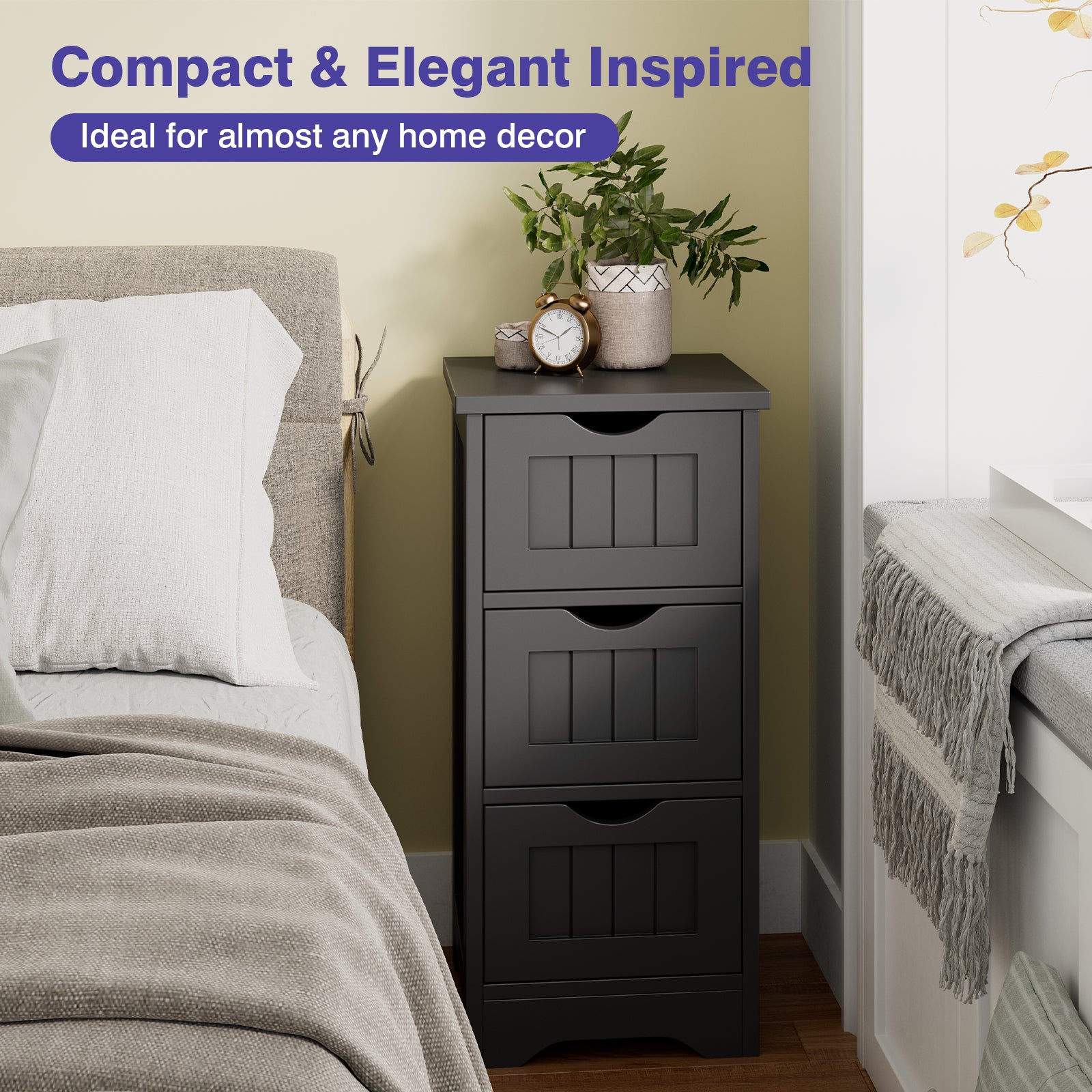 Wooden Bathroom Storage Cabinet, 3-Tier, Black Floor Cabinets at Gallery Canada