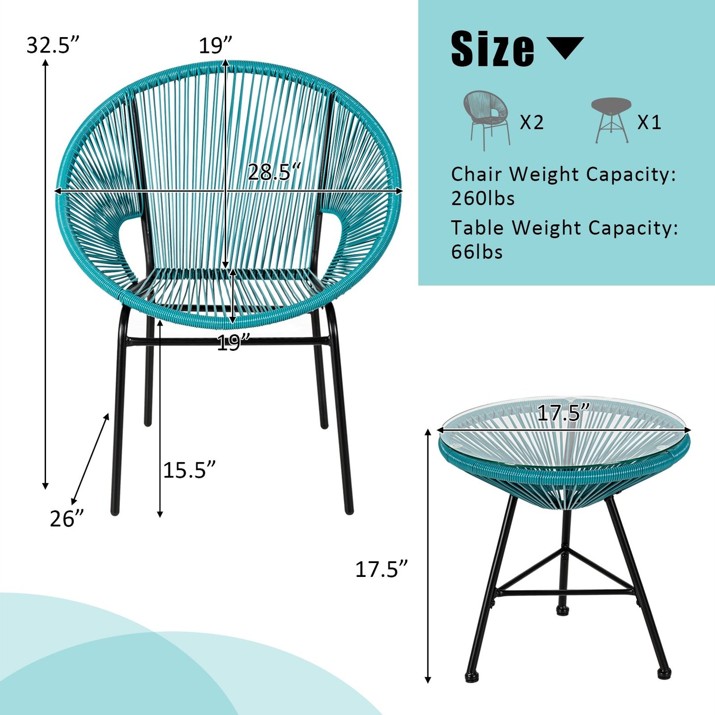 3PCS Patio Acapulco Furniture Bistro Set with GlassTable, Turquoise - Gallery Canada