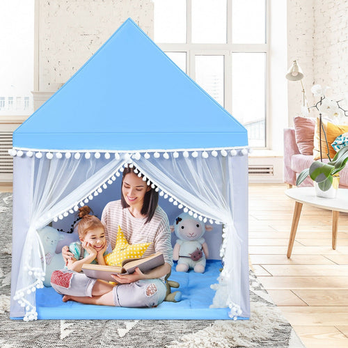 Kids Play Tent Large Playhouse Children Play Castle Fairy Tent Gift with Mat, Blue