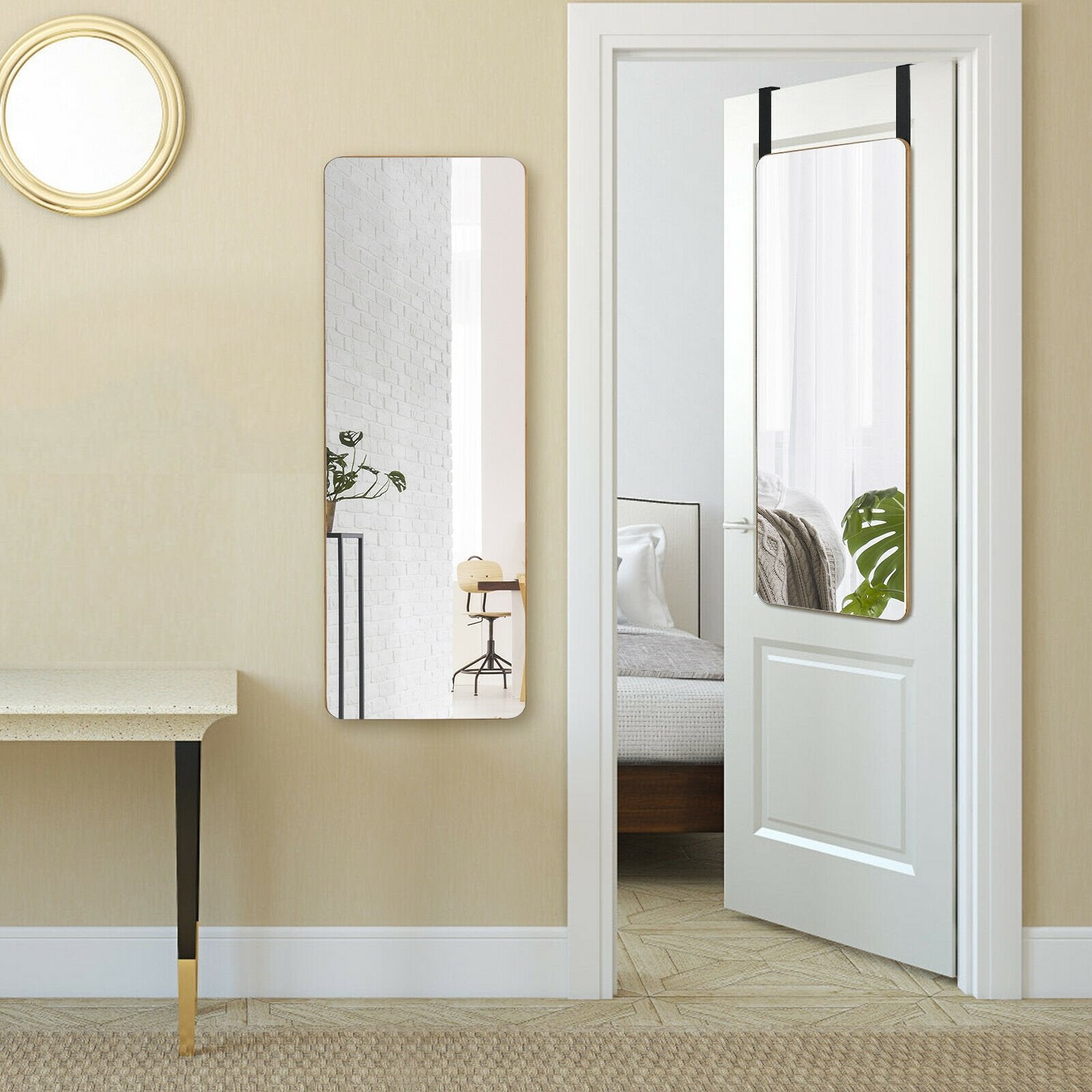 39.5 x 11 Inch Wall Mounted Over the Door Bamboo Frame Frameless Mirror, Golden - Gallery Canada