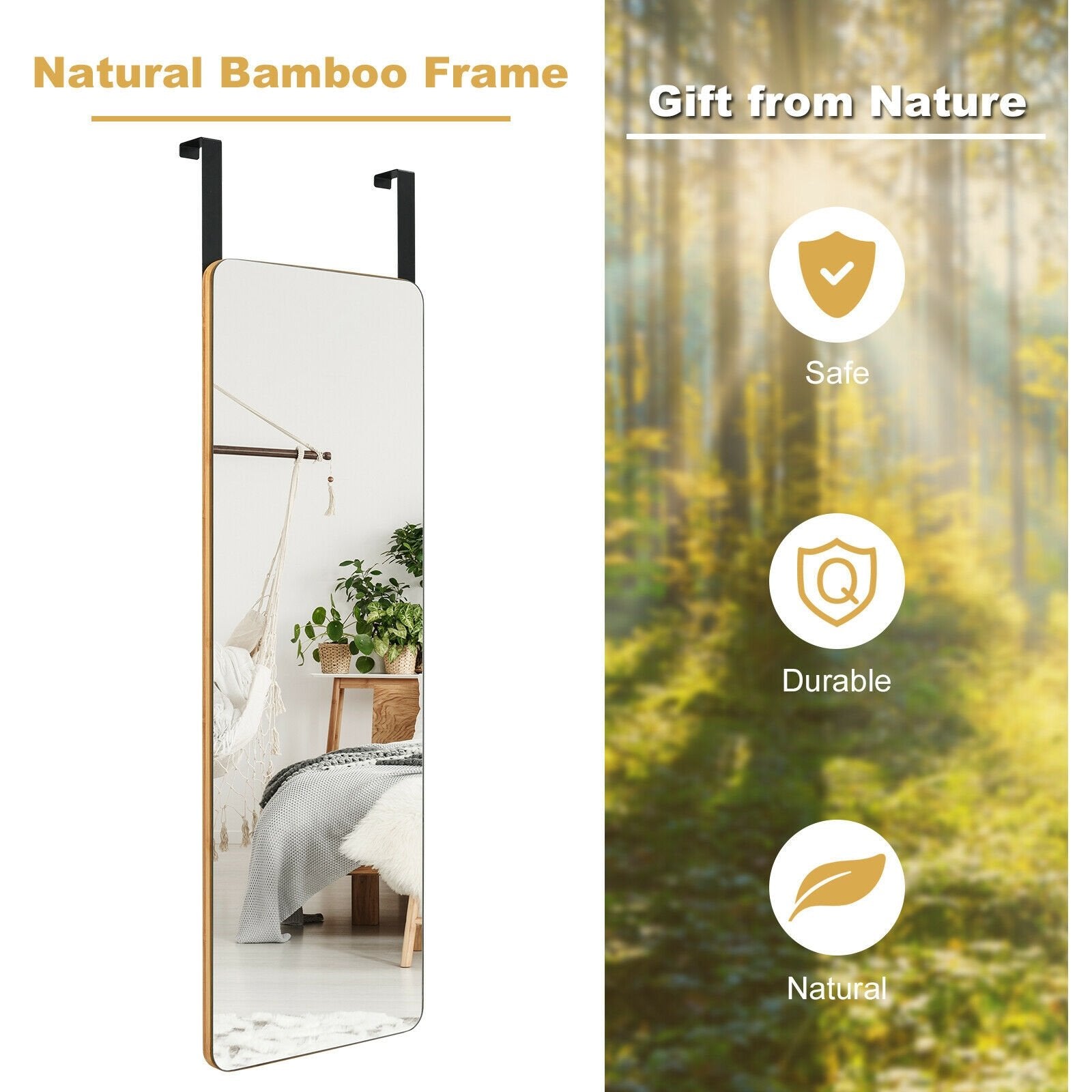 39.5 x 11 Inch Wall Mounted Over the Door Bamboo Frame Frameless Mirror, Golden - Gallery Canada