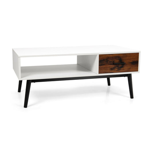 Rectangular Wooden Coffee Table with Drawer and Open Storage Shelf, Brown & White - Gallery Canada