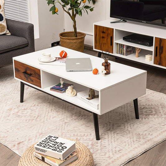 Rectangular Wooden Coffee Table with Drawer and Open Storage Shelf, Brown & White - Gallery Canada
