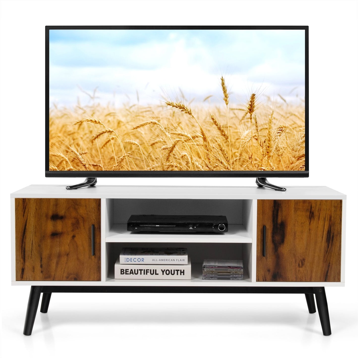 Mid-Century Wood TV Stand for 55 Inch with 2 Cabinets and Open Shelves, Brown & White - Gallery Canada