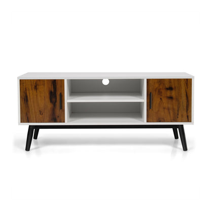 Mid-Century Wood TV Stand for 55 Inch with 2 Cabinets and Open Shelves, Brown & White - Gallery Canada