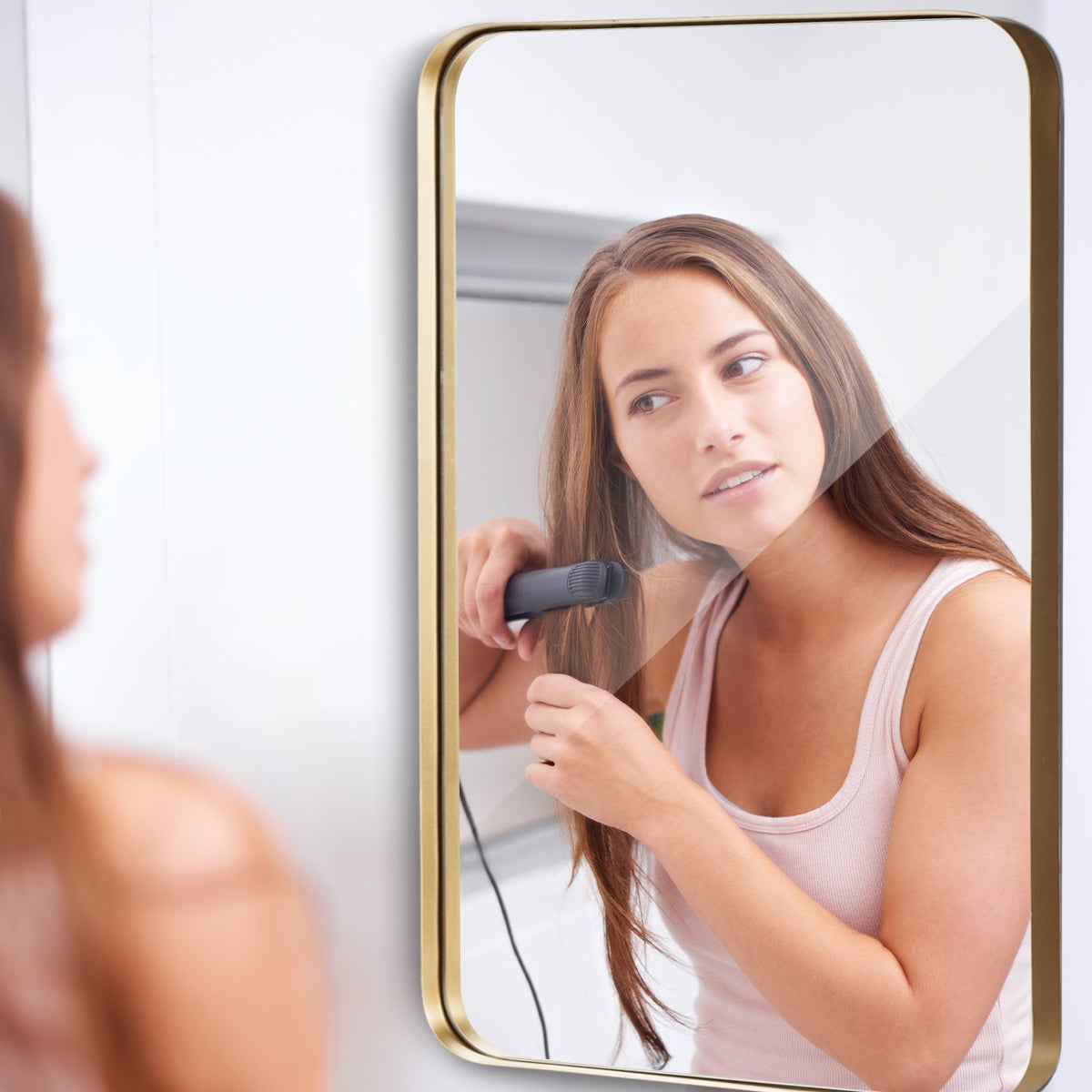 32 Inch x 20 Inch Metal Frame Wall-Mounted Rectangle Mirror, Golden Wall Mirrors at Gallery Canada