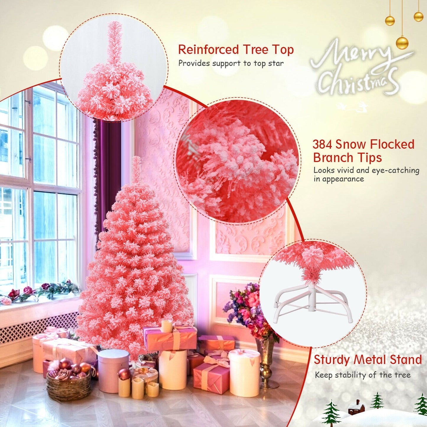 Pink Christmas Tree with Snow Flocked PVC Tips and Metal Stand-4.5 ft, Pink Christmas Tree at Gallery Canada