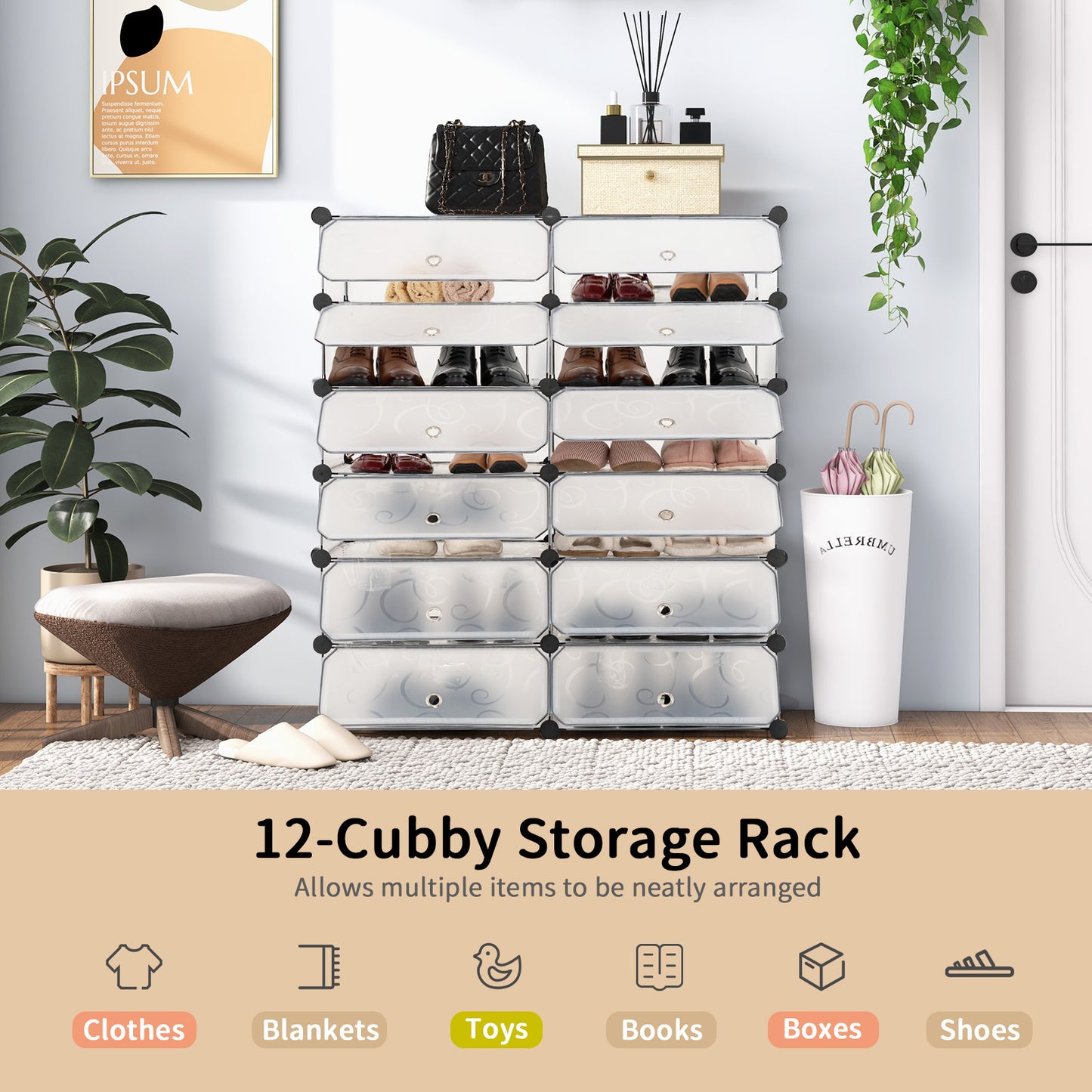 12-Cube DIY Portable Plastic Shoe Rack with Transparent Doors, White Shoe Racks & Storage Benches at Gallery Canada
