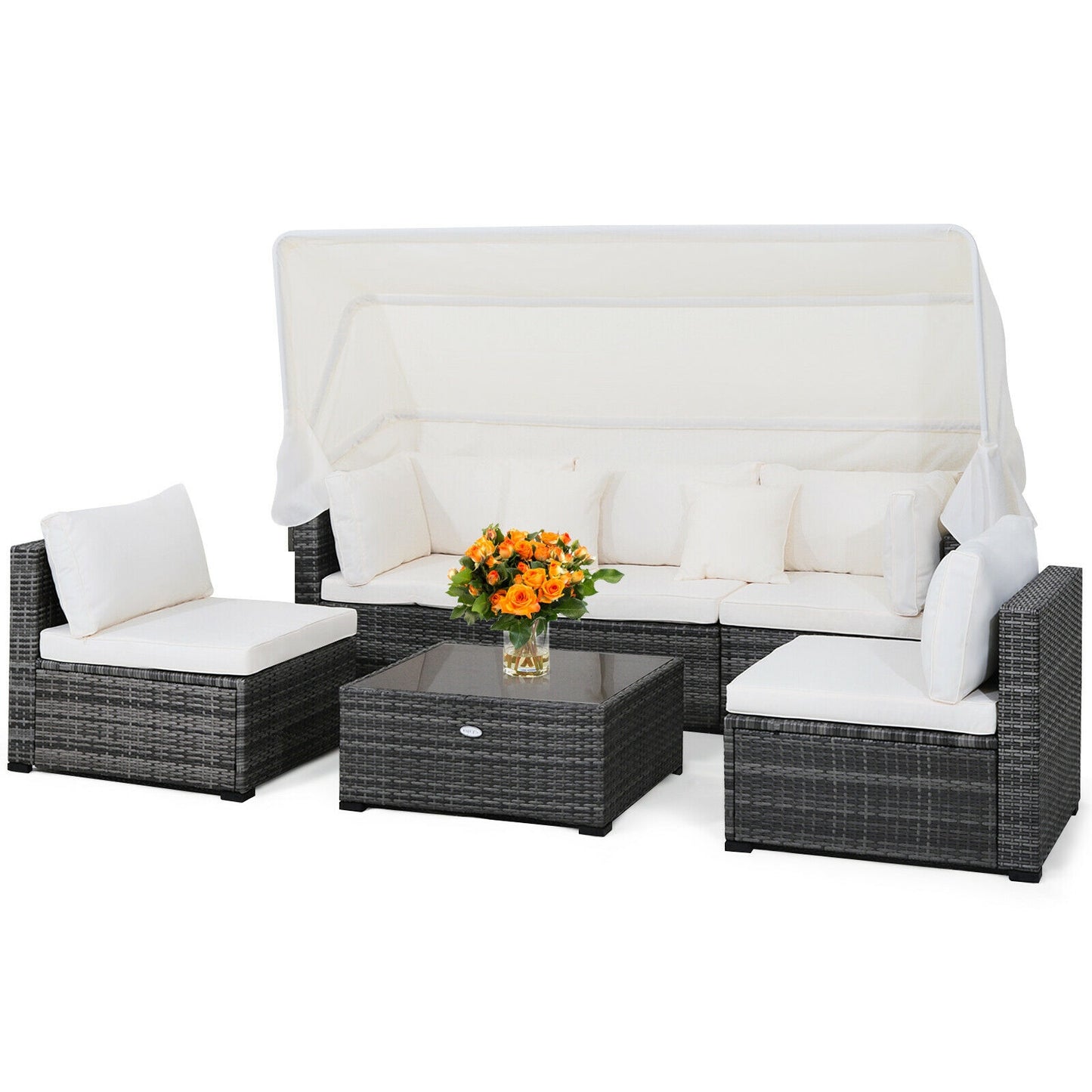 6 Pieces Patio Rattan Furniture Set with Retractable Canopy, Gray Outdoor Sectionals at Gallery Canada
