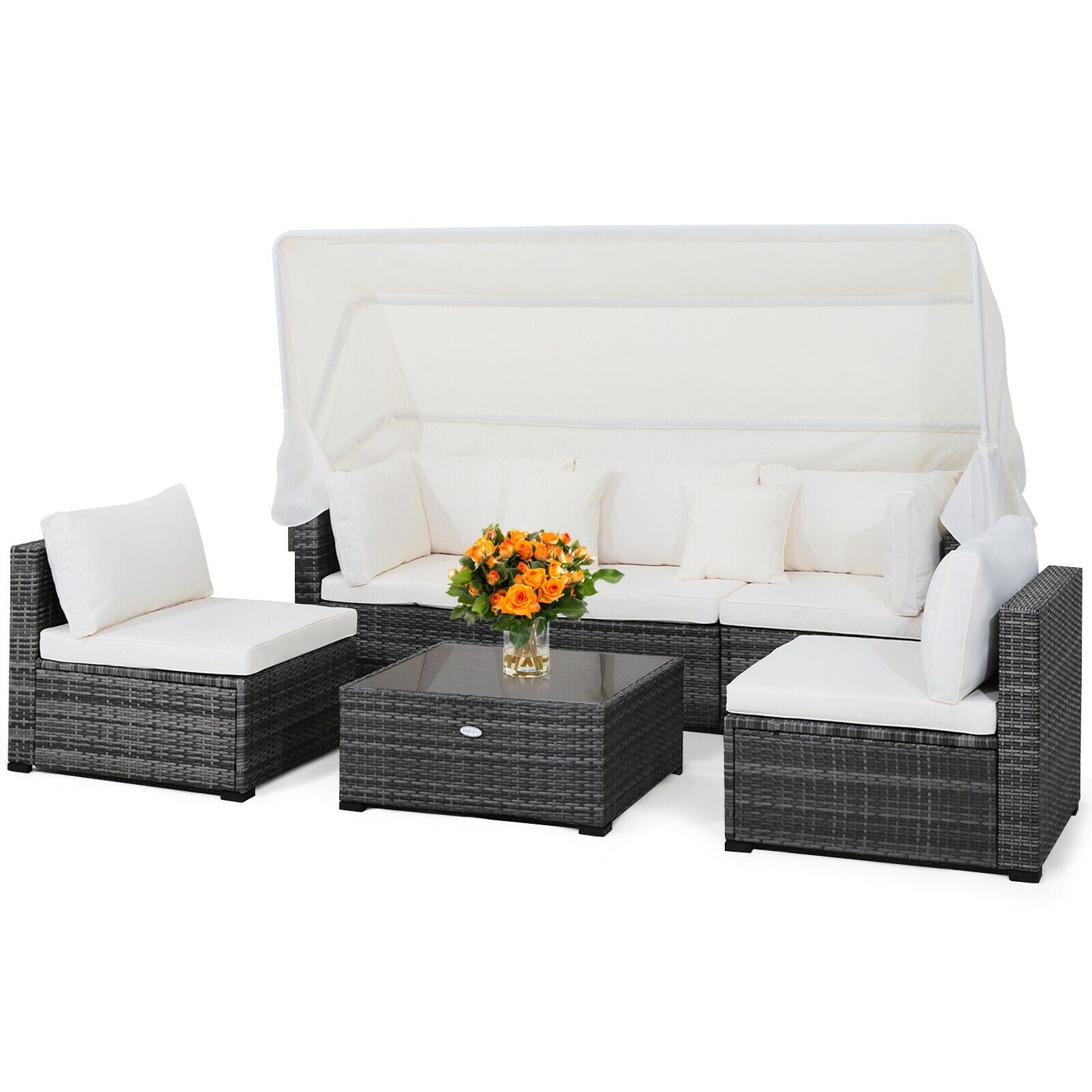 6 Pieces Patio Rattan Furniture Set with Retractable Canopy, Gray Outdoor Sectionals at Gallery Canada