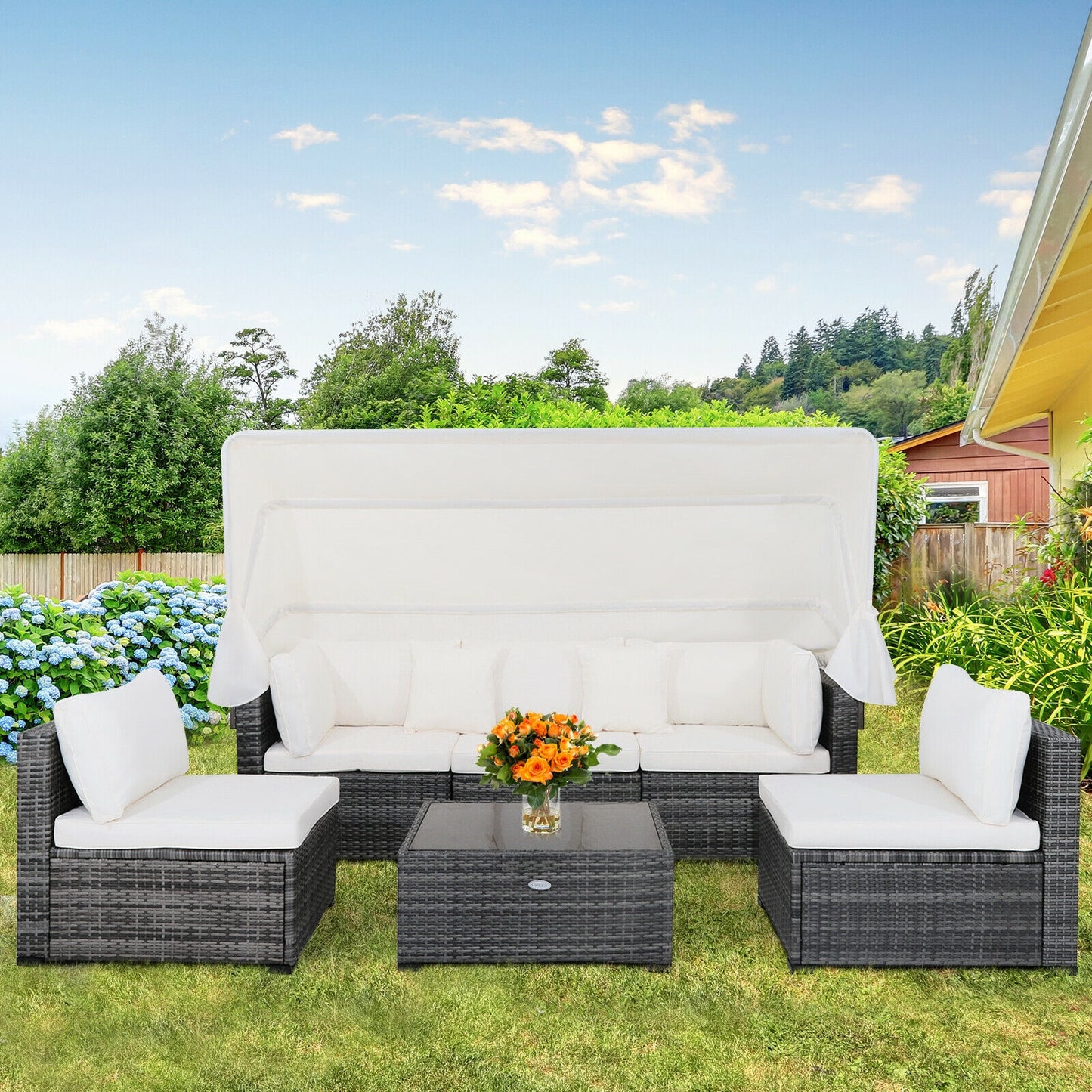 6 Pieces Patio Rattan Furniture Set with Retractable Canopy, Gray Outdoor Sectionals at Gallery Canada