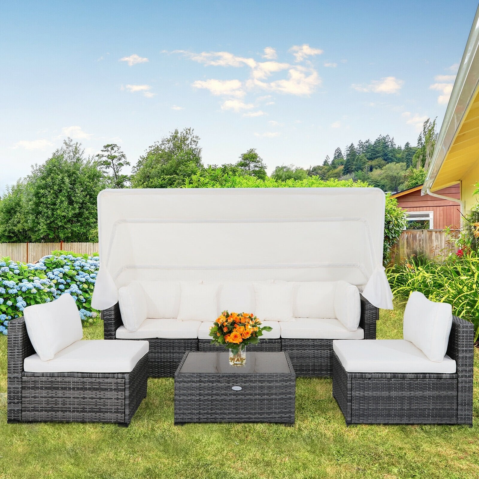 6 Pieces Patio Rattan Furniture Set with Retractable Canopy, Gray - Gallery Canada
