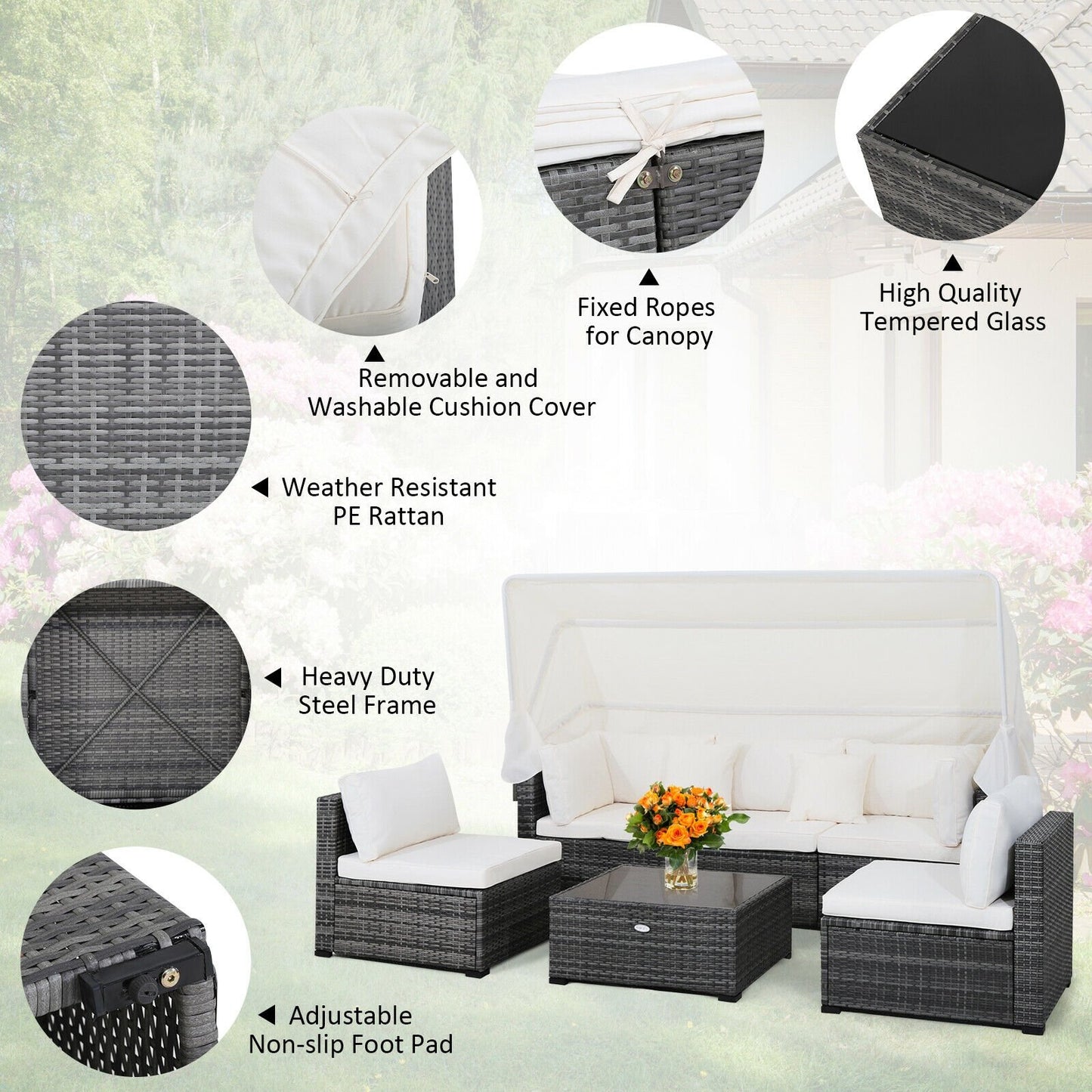 6 Pieces Patio Rattan Furniture Set with Retractable Canopy, Gray - Gallery Canada
