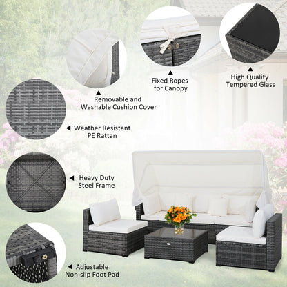 6 Pieces Patio Rattan Furniture Set with Retractable Canopy, Gray Outdoor Sectionals at Gallery Canada