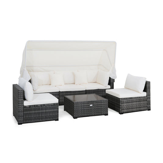 6 Pieces Patio Rattan Furniture Set with Retractable Canopy, Gray Outdoor Sectionals Gray at Gallery Canada