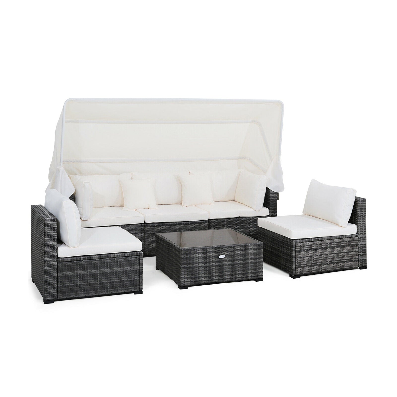 6-Piece Patio Rattan Furniture Set, Retractable Canopy, Gray Outdoor Sectionals Gray at Gallery Canada