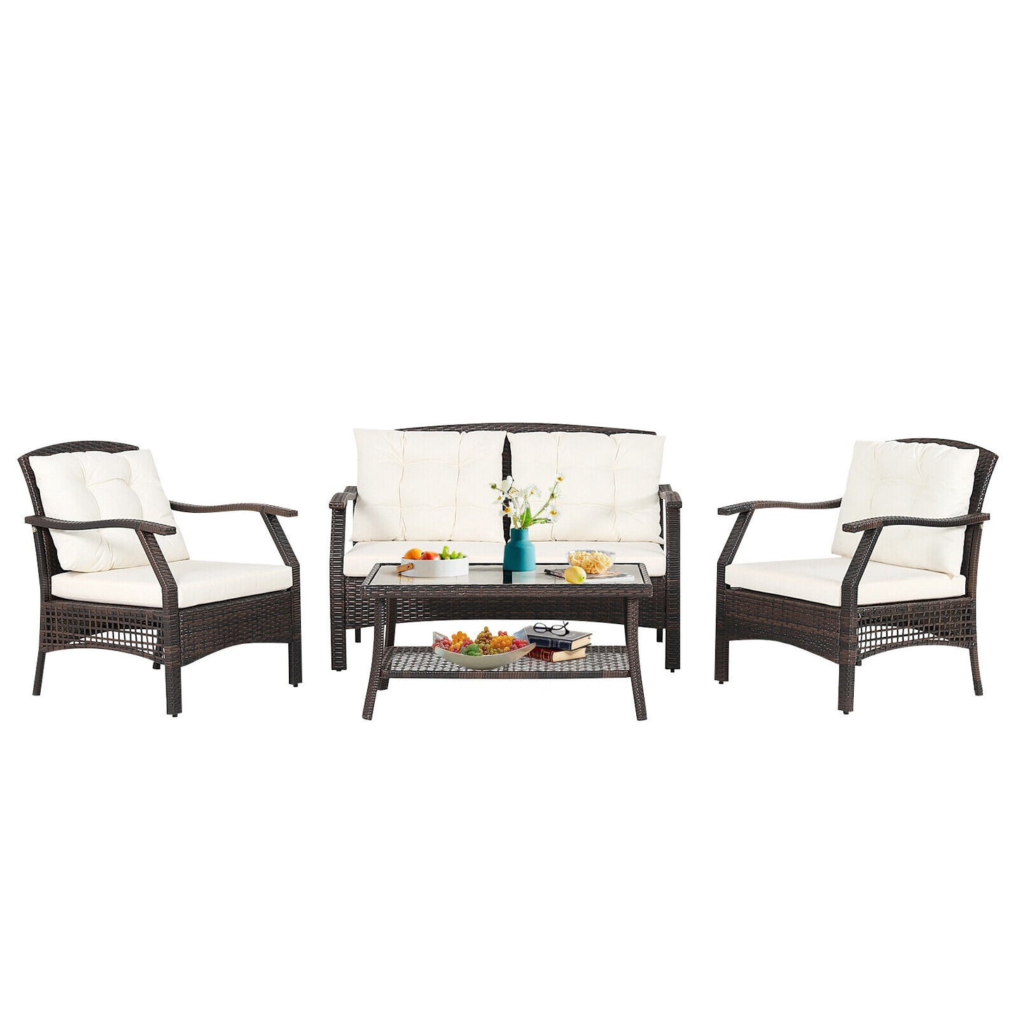 4 Pieces Outdoor Rattan Conversation Set with Protective Cover, Espresso Patio Conversation Sets at Gallery Canada