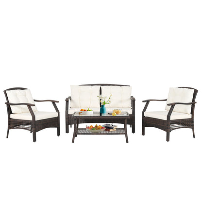 4 Pieces Outdoor Rattan Conversation Set with Protective Cover, Espresso Patio Conversation Sets at Gallery Canada