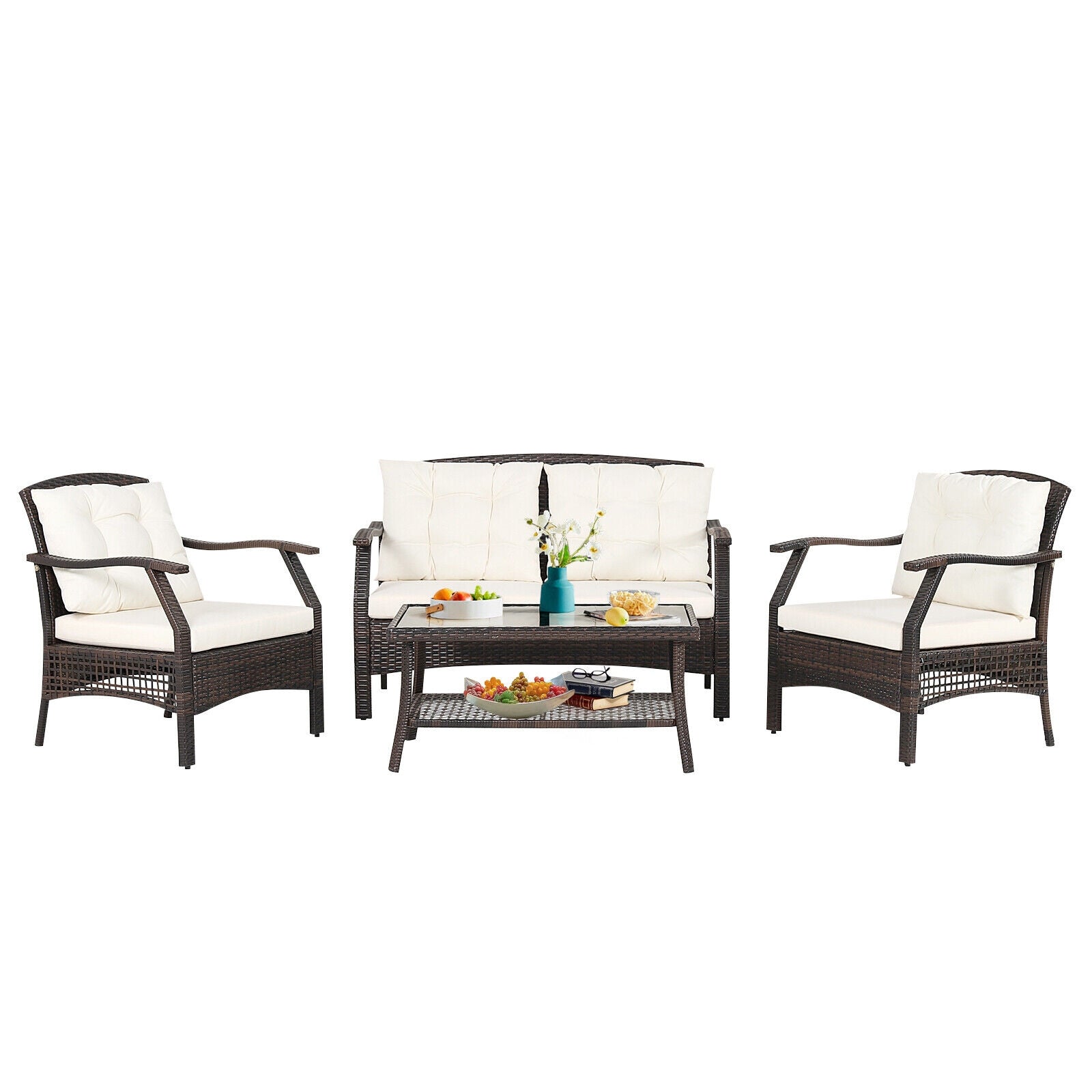 4 Piece Outdoor Rattan Conversation Set, With Protective Cover, Espresso Patio Conversation Sets Espresso at Gallery Canada