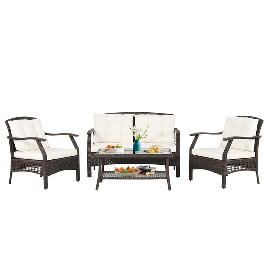 4 Piece Outdoor Rattan Conversation Set, With Protective Cover, Espresso