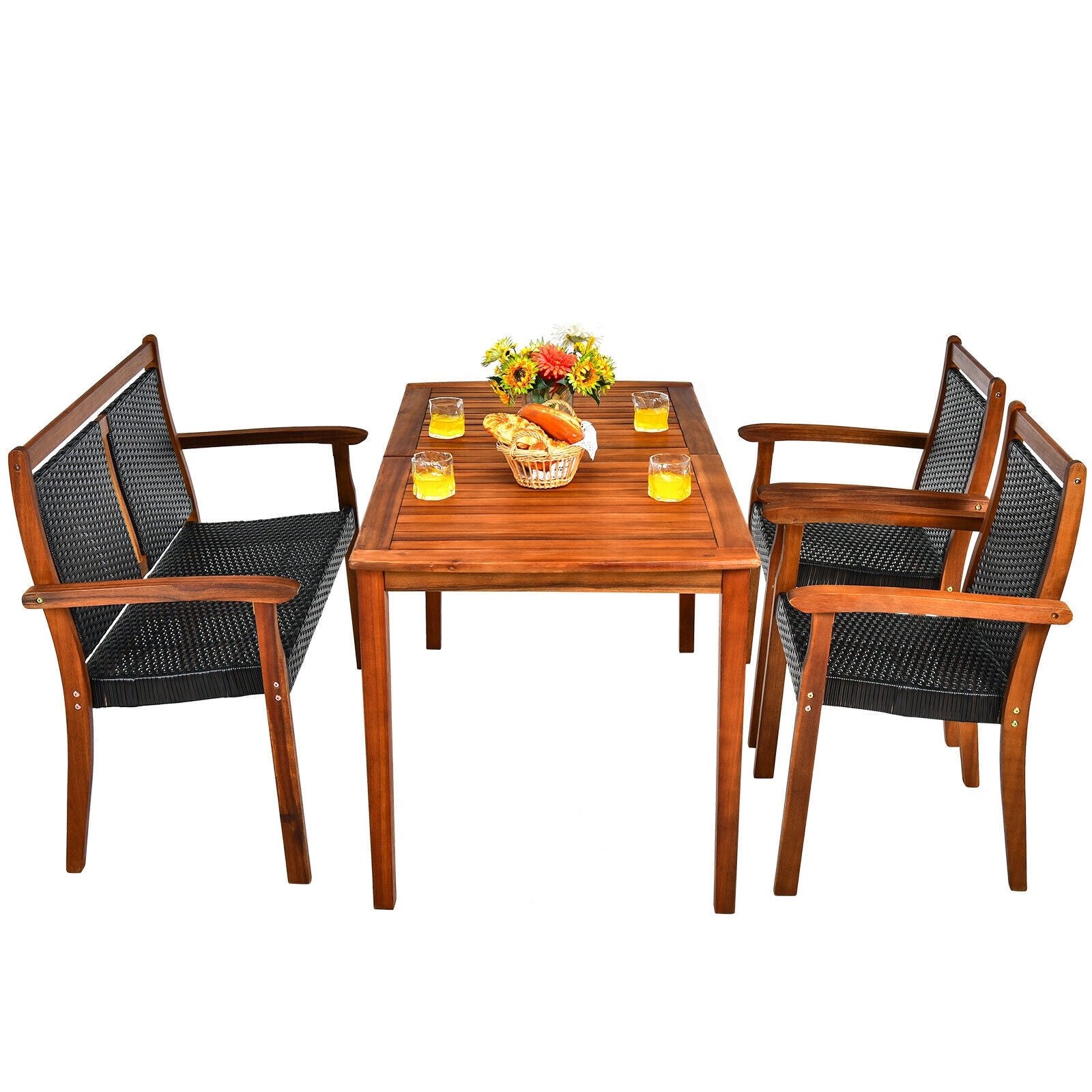 4 Pieces Acacia Wood Patio Rattan Dining Furniture Set, Brown Patio Dining Sets at Gallery Canada
