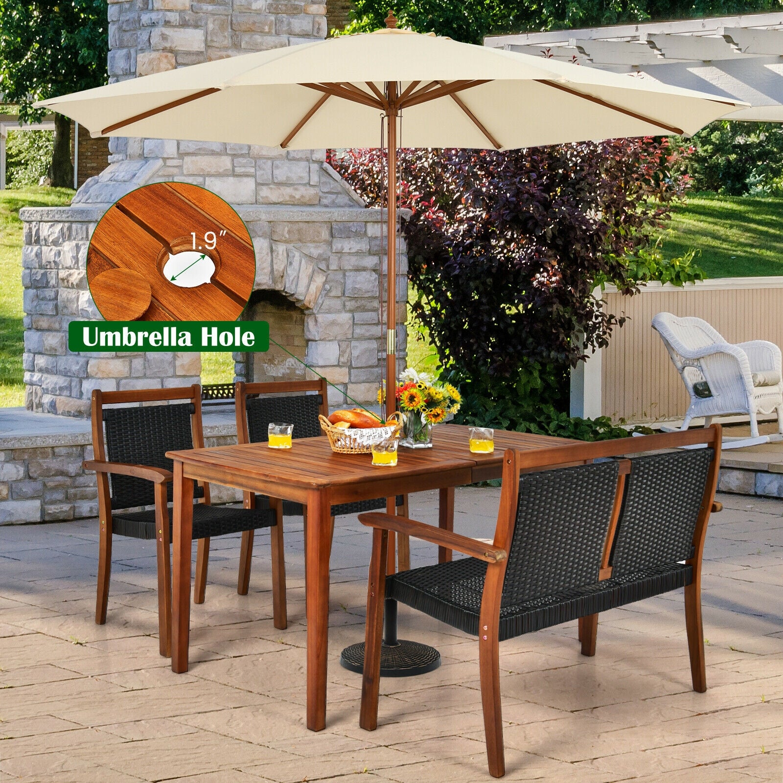 4 Pieces Acacia Wood Patio Rattan Dining Furniture Set, Brown Patio Dining Sets at Gallery Canada