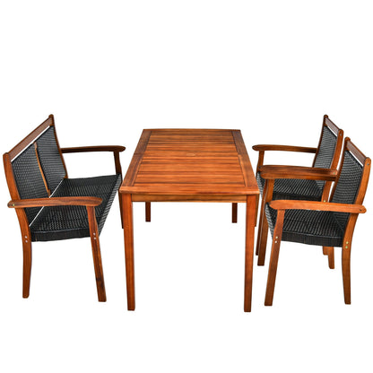 4 Pieces Acacia Wood Patio Rattan Dining Furniture Set, Brown Patio Dining Sets at Gallery Canada