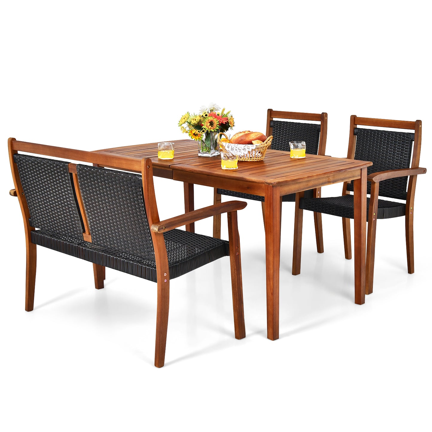 4 Pieces Acacia Wood Patio Rattan Dining Furniture Set, Brown Patio Dining Sets at Gallery Canada