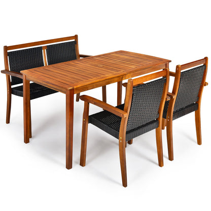 Ensemble de salle à manger en rotin de patio en bois d'acacia, 4 pièces, marron