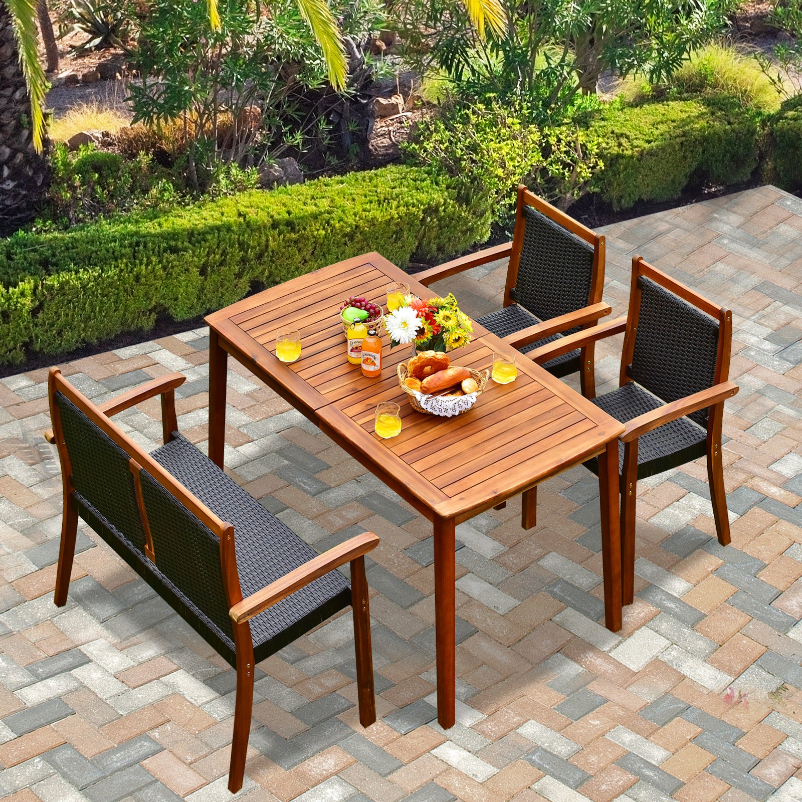 4 Pieces Acacia Wood Patio Rattan Dining Furniture Set, Brown Patio Dining Sets at Gallery Canada