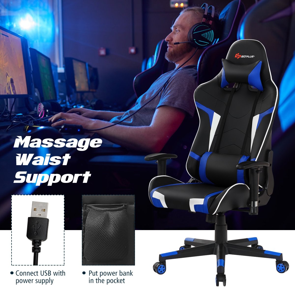 Reclining Swivel Massage Gaming Chair with Lumbar Support, Blue - Gallery Canada
