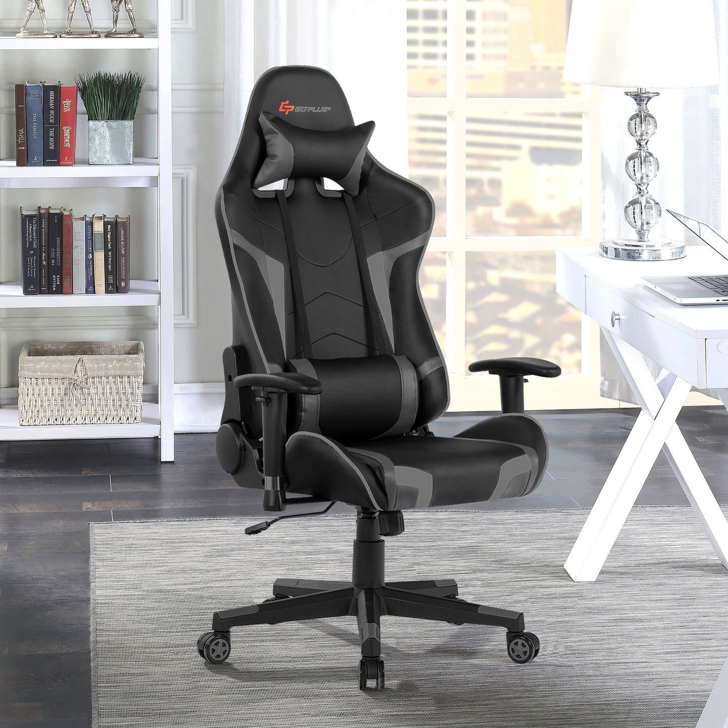 Reclining Swivel Massage Gaming Chair, Lumbar Support, Gray Gaming Chairs at Gallery Canada