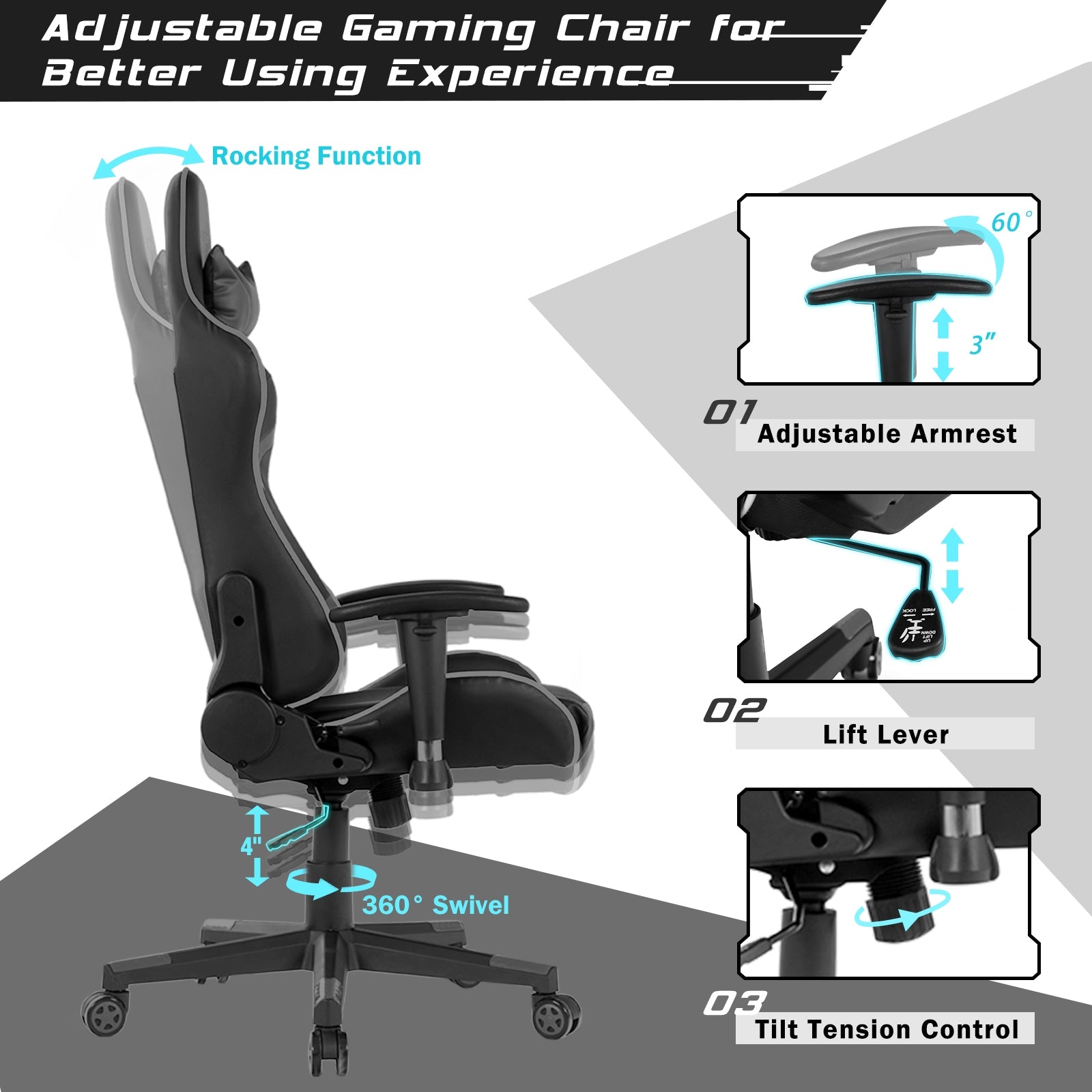 Reclining Swivel Massage Gaming Chair, Lumbar Support, Gray Gaming Chairs at Gallery Canada