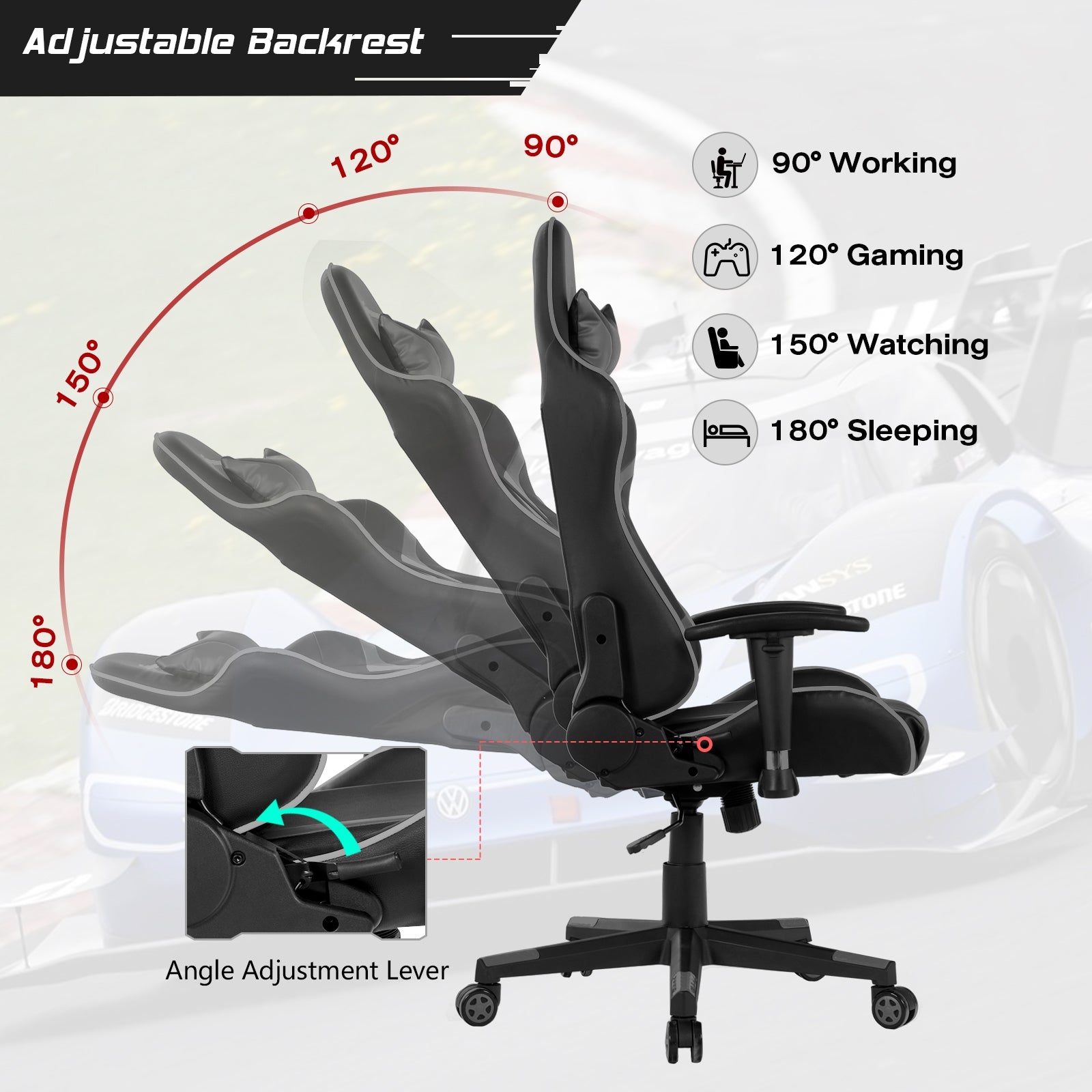 Reclining Swivel Massage Gaming Chair, Lumbar Support, Gray Gaming Chairs at Gallery Canada