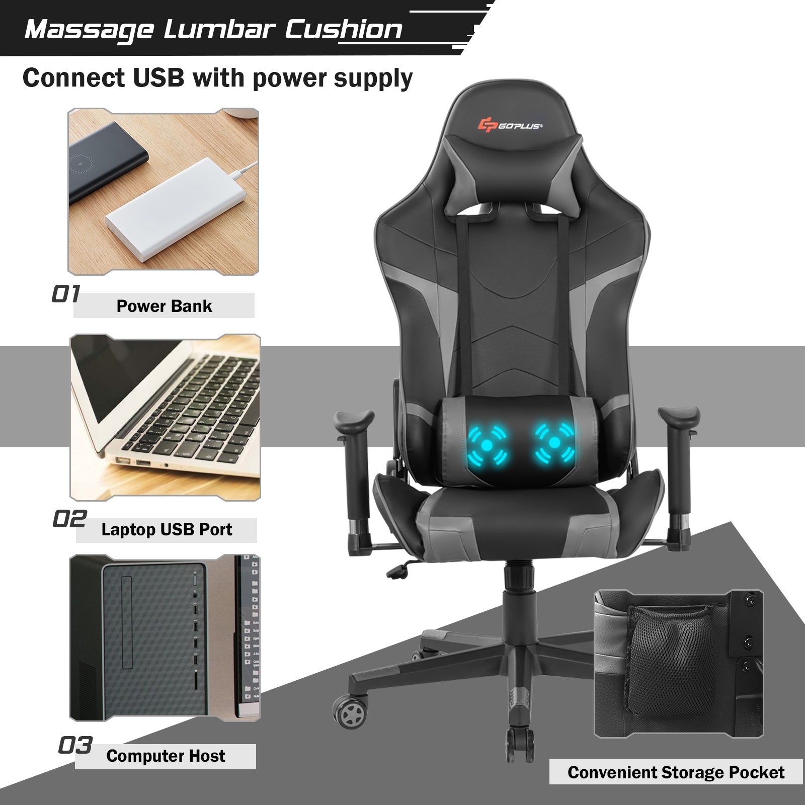 Reclining Swivel Massage Gaming Chair, Lumbar Support, Gray Gaming Chairs at Gallery Canada