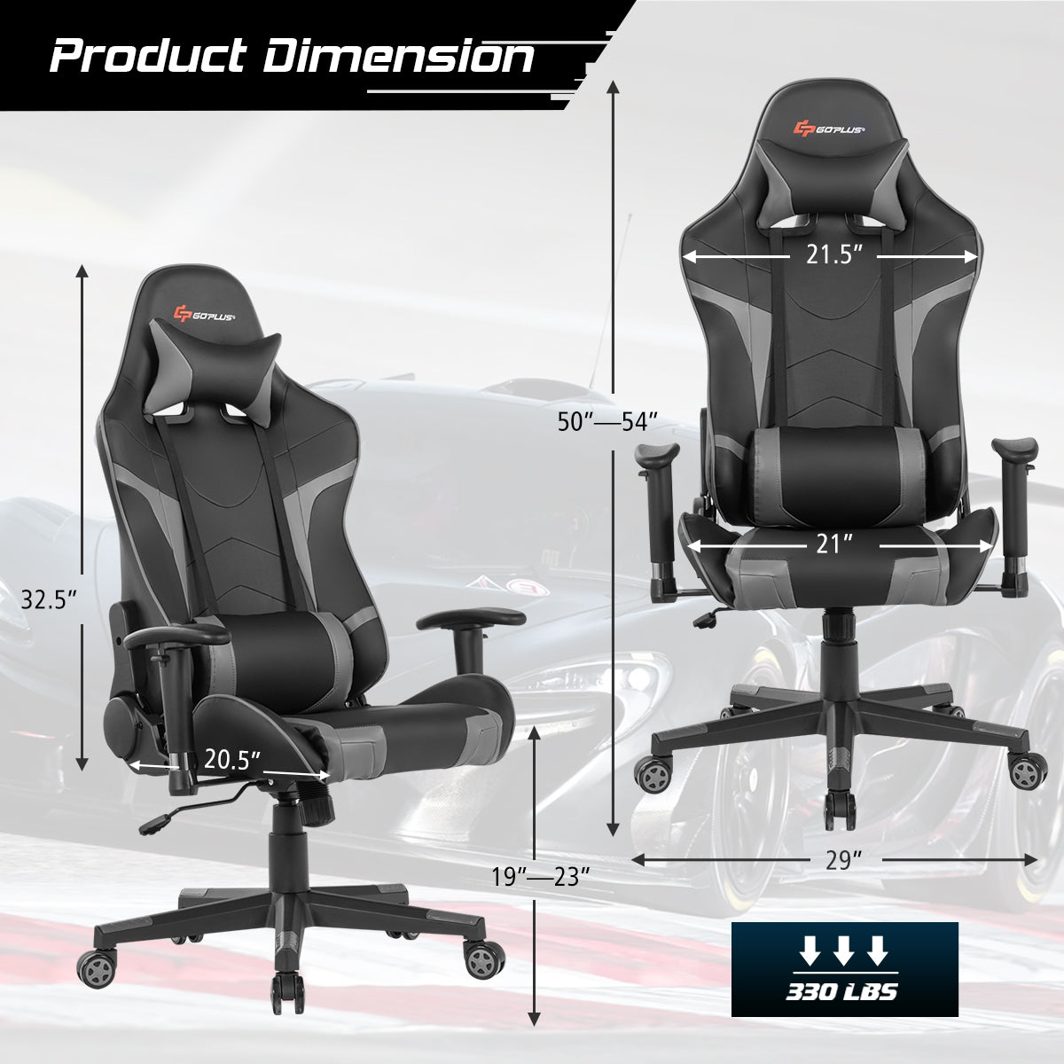 Reclining Swivel Massage Gaming Chair, Lumbar Support, Gray Gaming Chairs at Gallery Canada