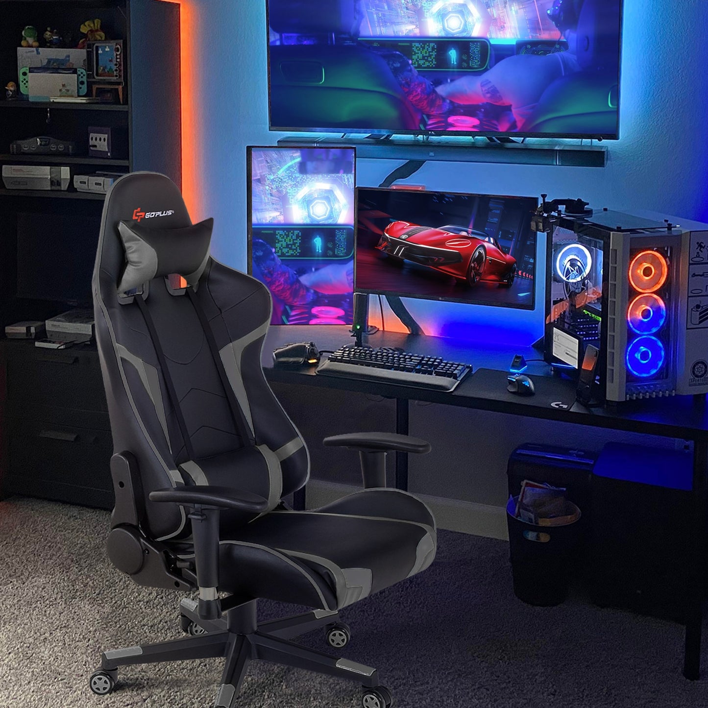 Reclining Swivel Massage Gaming Chair, Lumbar Support, Gray Gaming Chairs at Gallery Canada