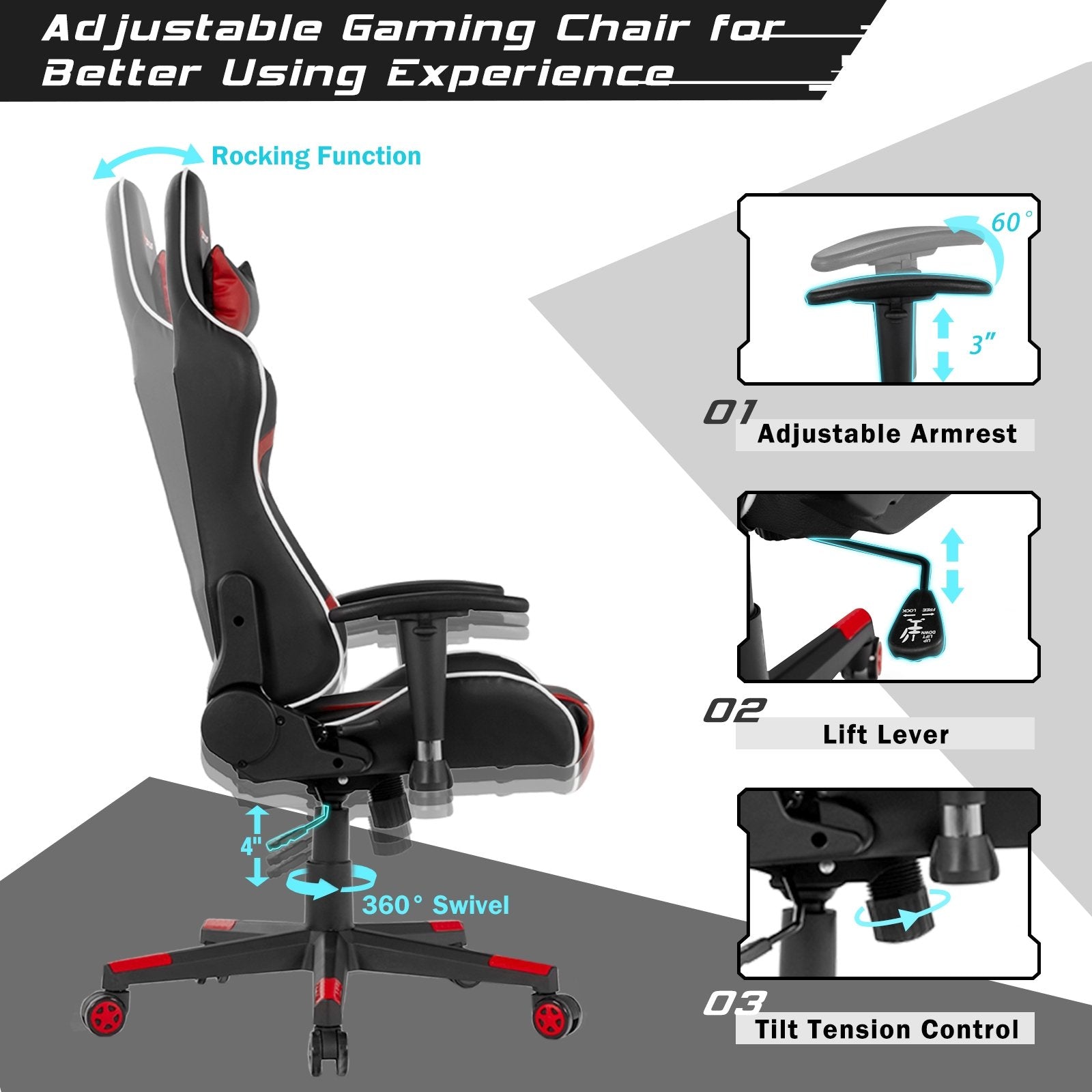Reclining Swivel Massage Gaming Chair with Lumbar Support, Red Gaming Chairs at Gallery Canada