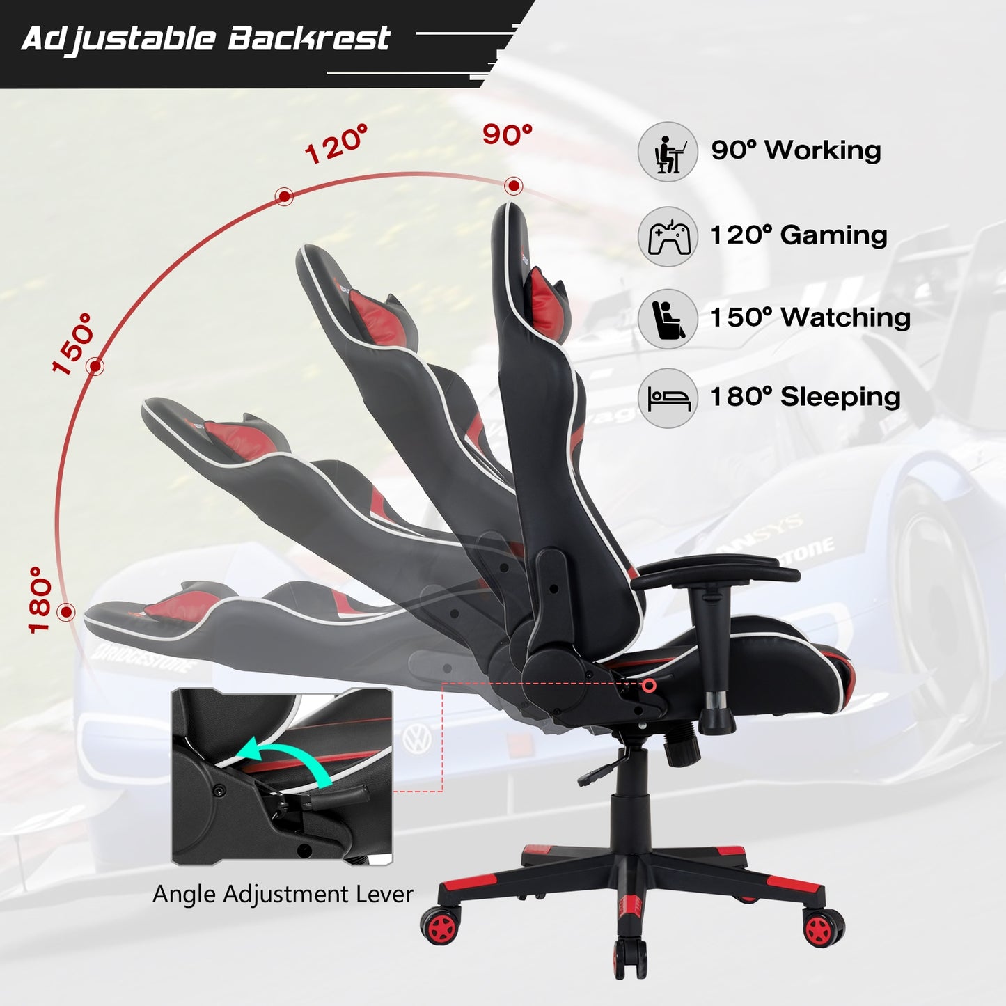 Reclining Swivel Massage Gaming Chair with Lumbar Support, Red Gaming Chairs at Gallery Canada