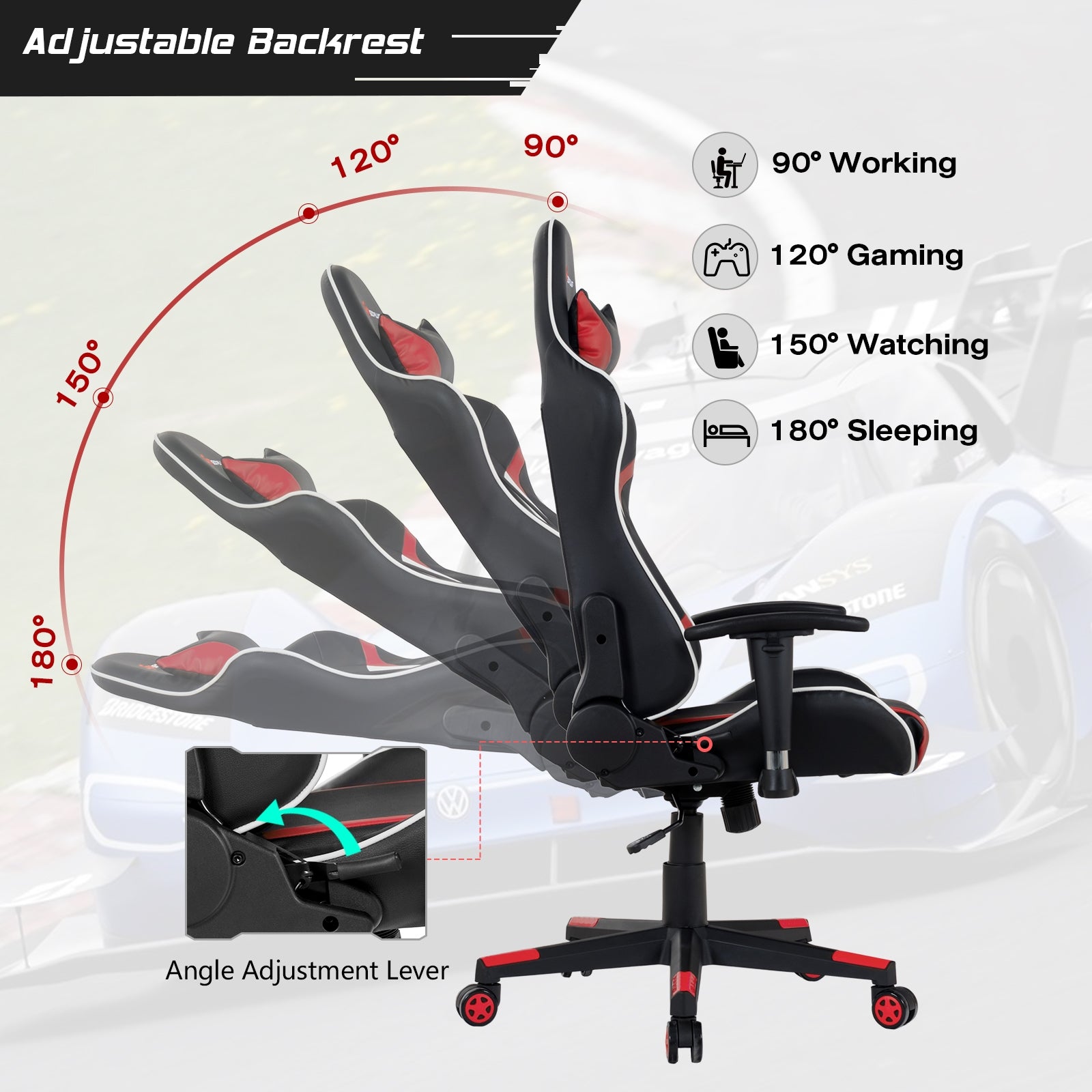 Reclining Swivel Massage Gaming Chair with Lumbar Support, Red Gaming Chairs at Gallery Canada