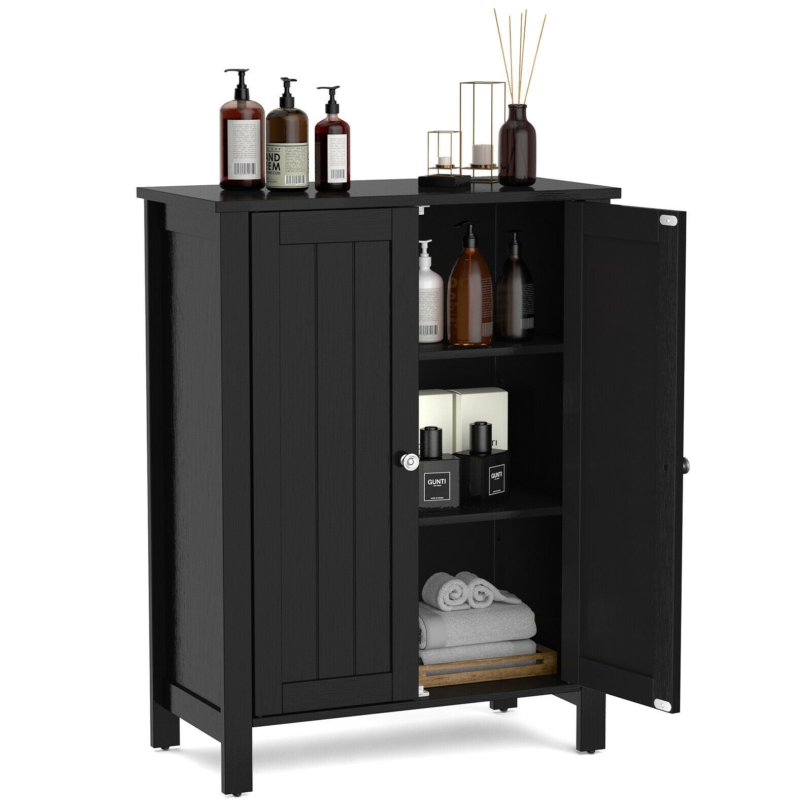 2-Door Bathroom Floor Storage Cabinet Space Saver Organizer, Black Floor Cabinets at Gallery Canada