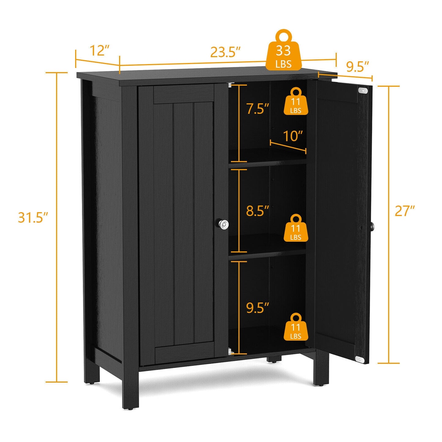 2-Door Bathroom Floor Storage Cabinet Space Saver Organizer, Black Floor Cabinets at Gallery Canada