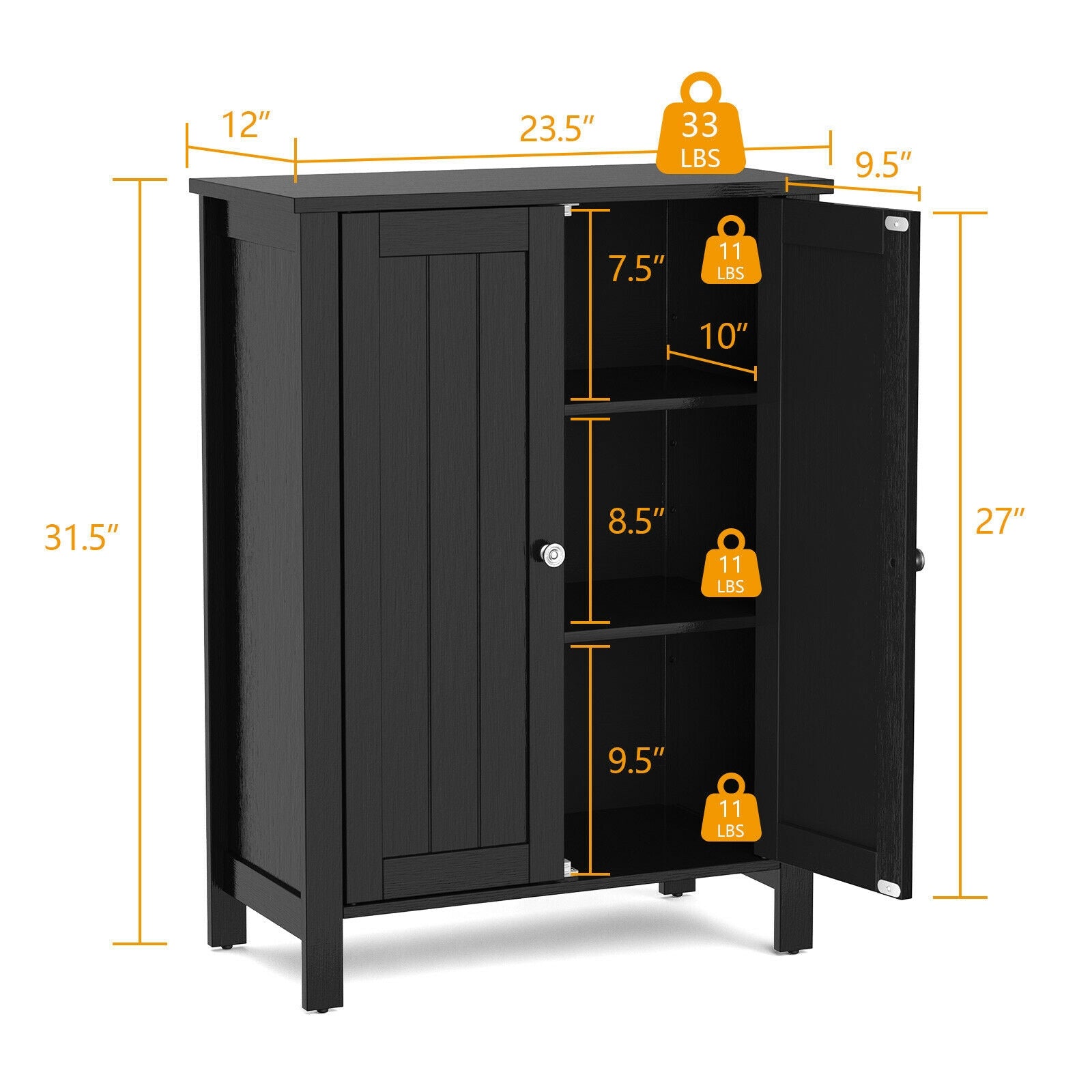 2-Door Bathroom Floor Storage Cabinet Space Saver Organizer, Black Floor Cabinets at Gallery Canada