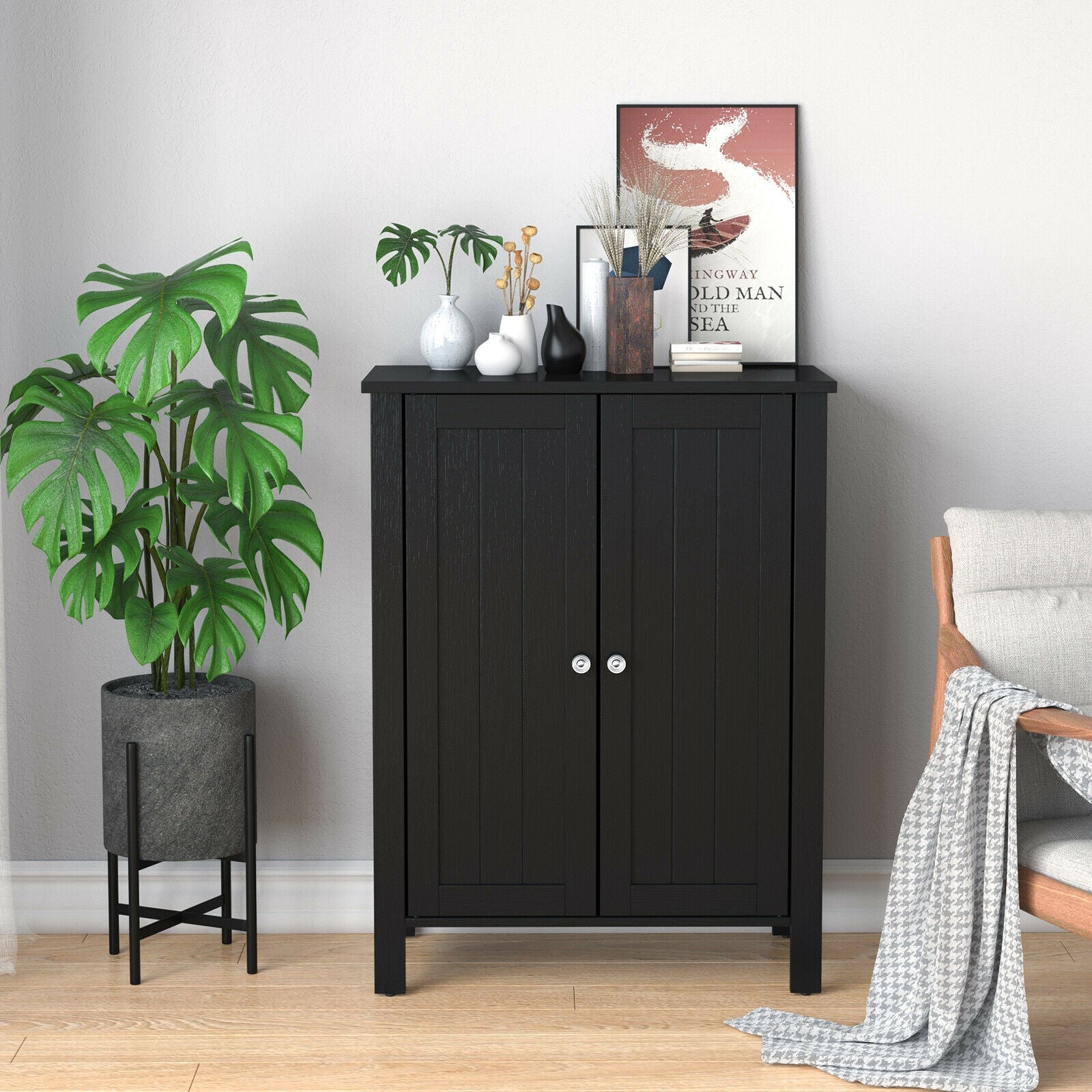 2-Door Bathroom Floor Storage Cabinet Space Saver Organizer, Black Floor Cabinets at Gallery Canada