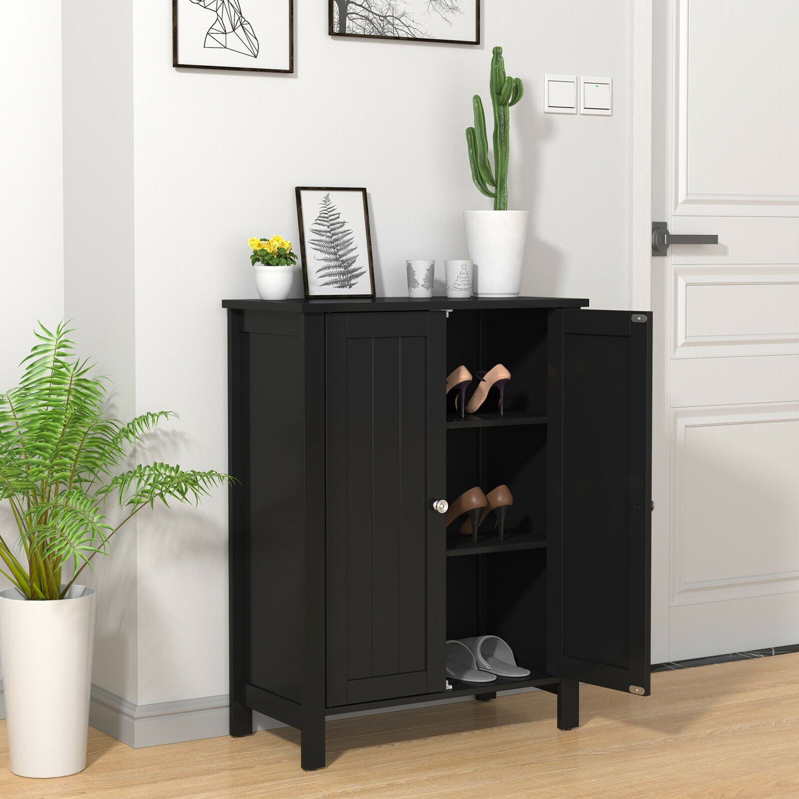 2-Door Bathroom Floor Storage Cabinet Space Saver Organizer, Black Floor Cabinets at Gallery Canada